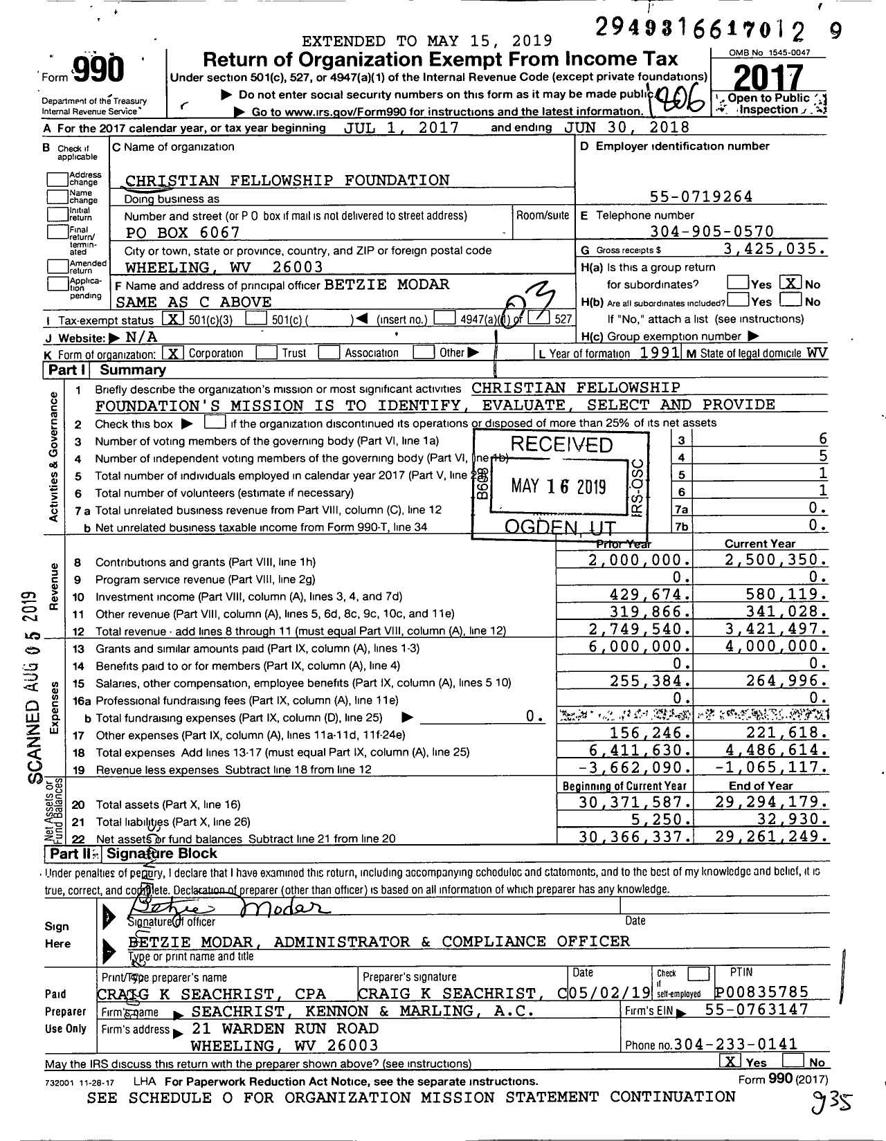 Image of first page of 2017 Form 990 for Christian Fellowship Foundation