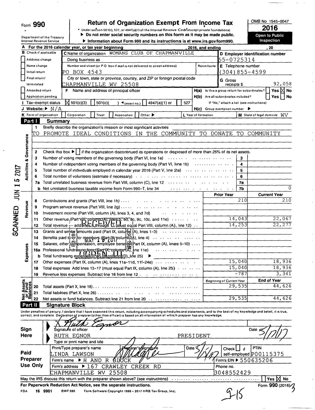 Image of first page of 2016 Form 990 for Womans Club of Chapmanville