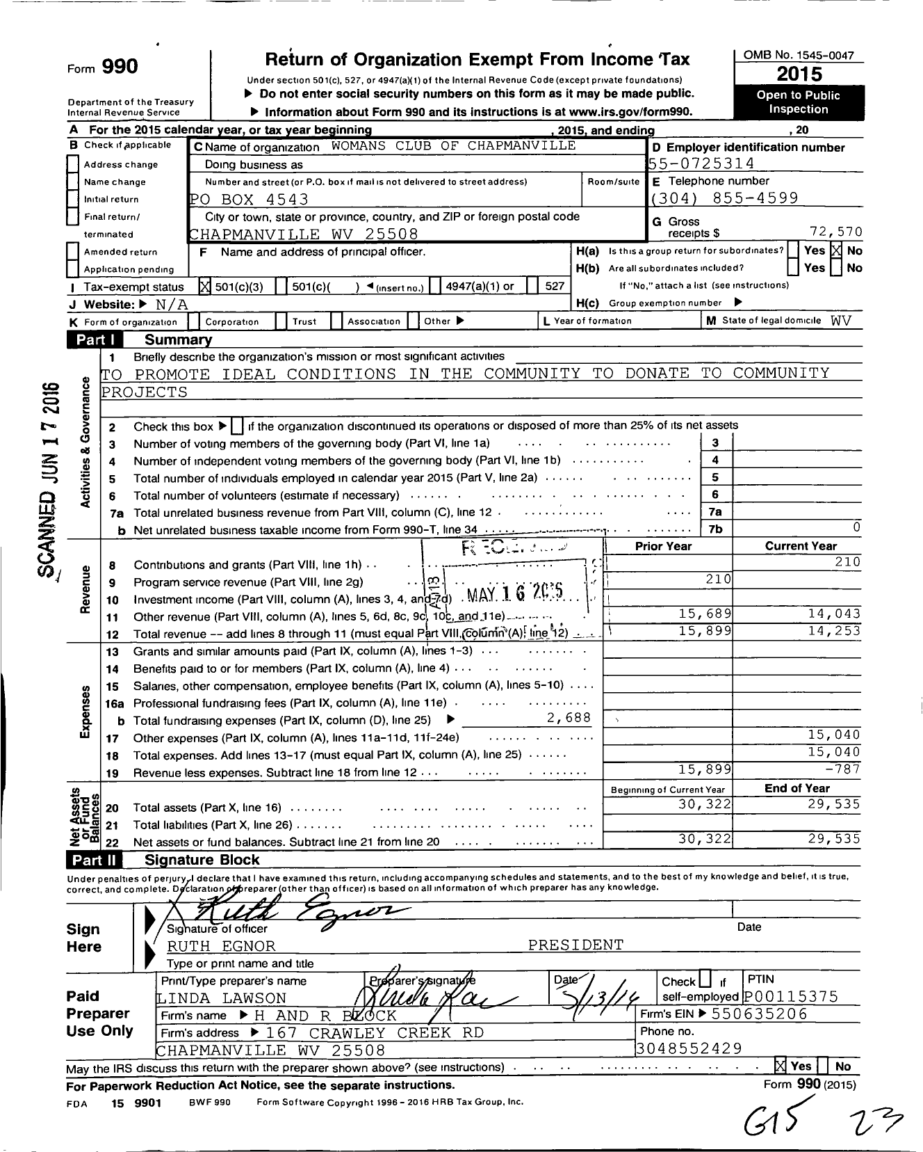 Image of first page of 2015 Form 990 for Womans Club of Chapmanville