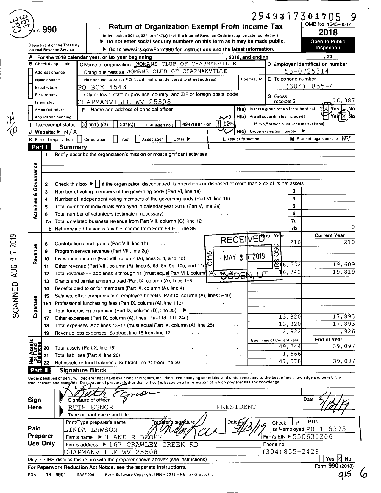 Image of first page of 2018 Form 990O for Womans Club of Chapmanville