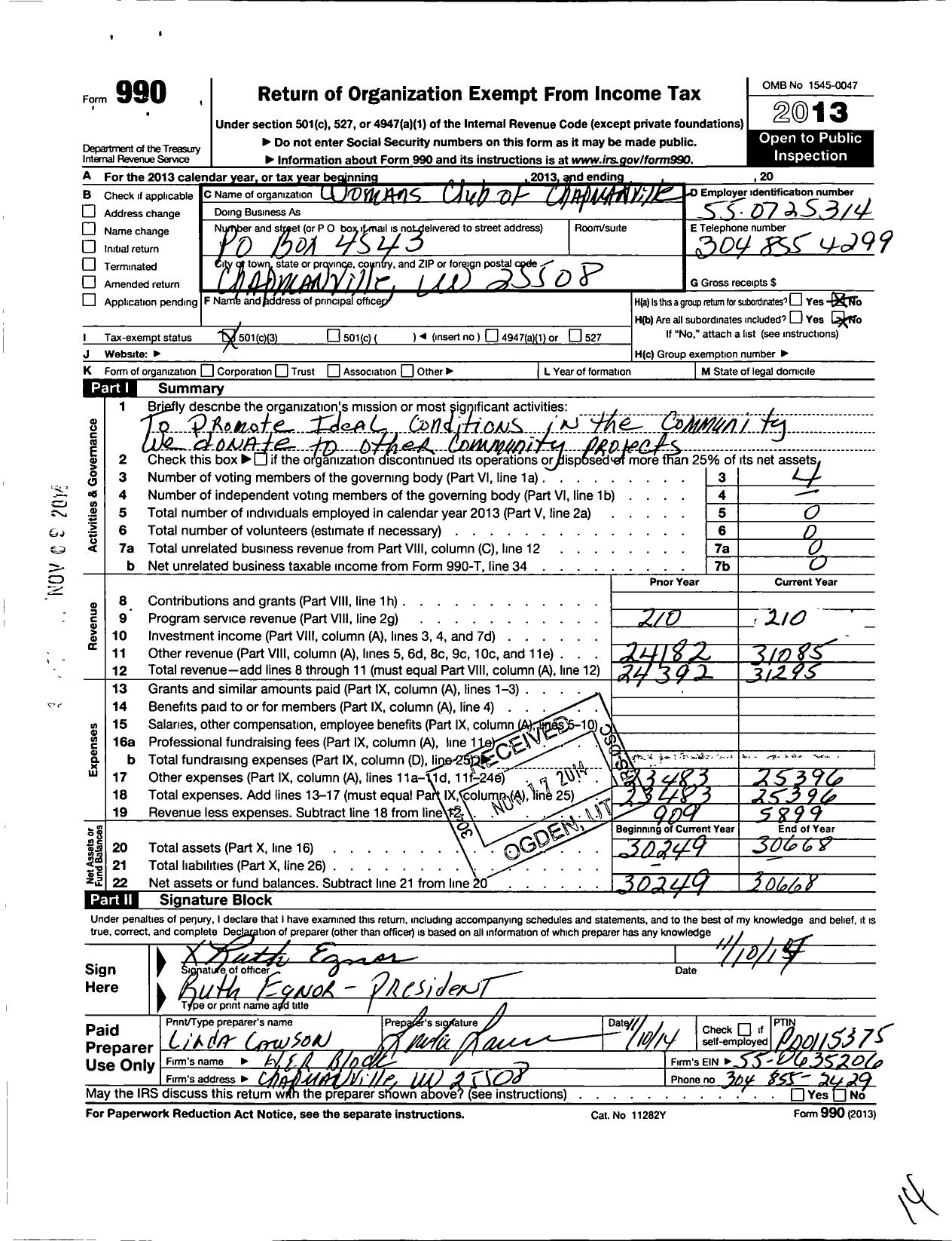 Image of first page of 2013 Form 990 for Womans Club of Chapmanville