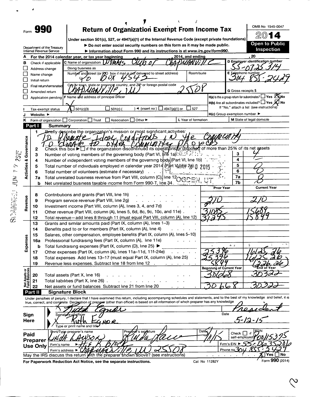 Image of first page of 2014 Form 990 for Womans Club of Chapmanville