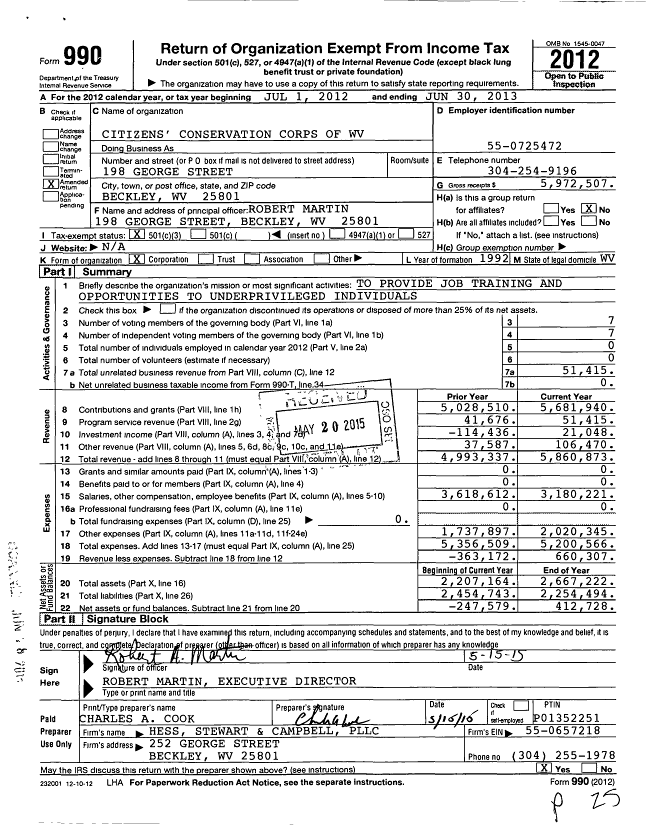 Image of first page of 2012 Form 990 for Citizens' Conservation Corps of WV