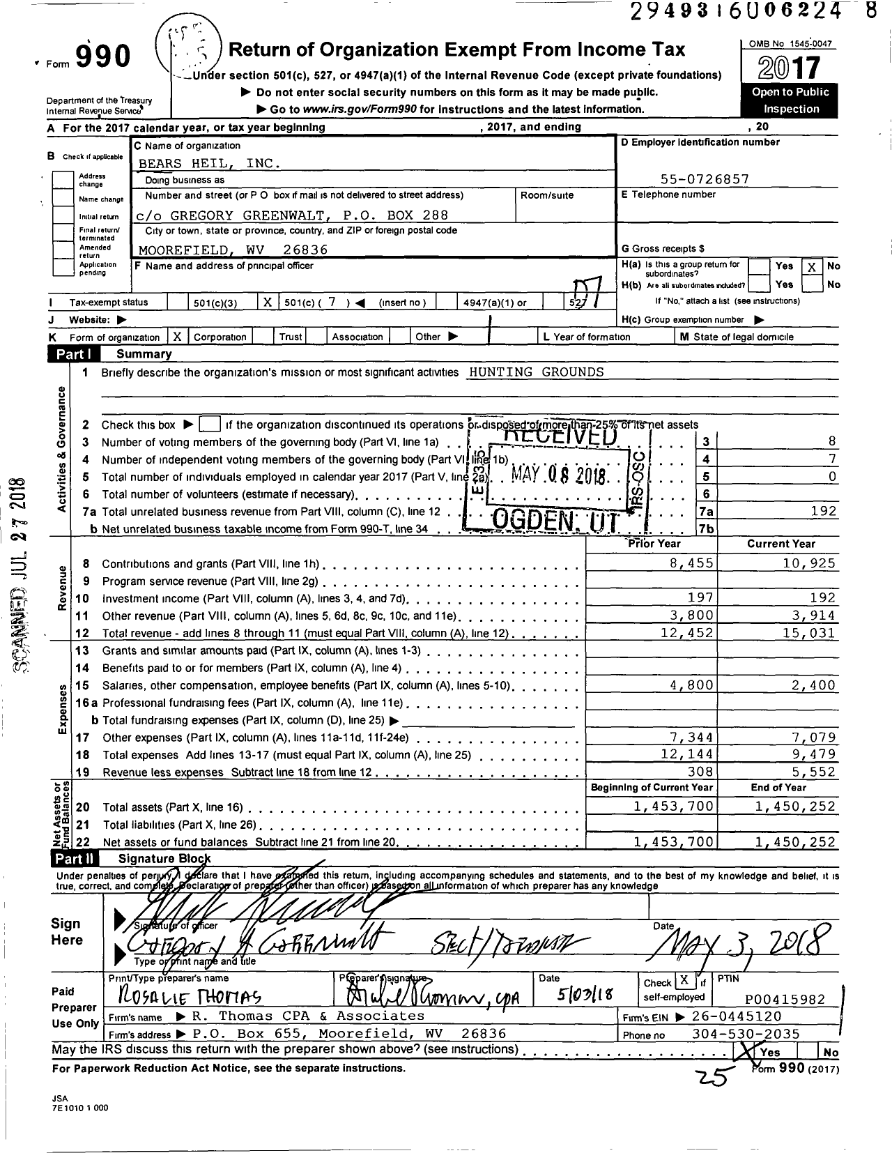Image of first page of 2017 Form 990O for Bears Heil