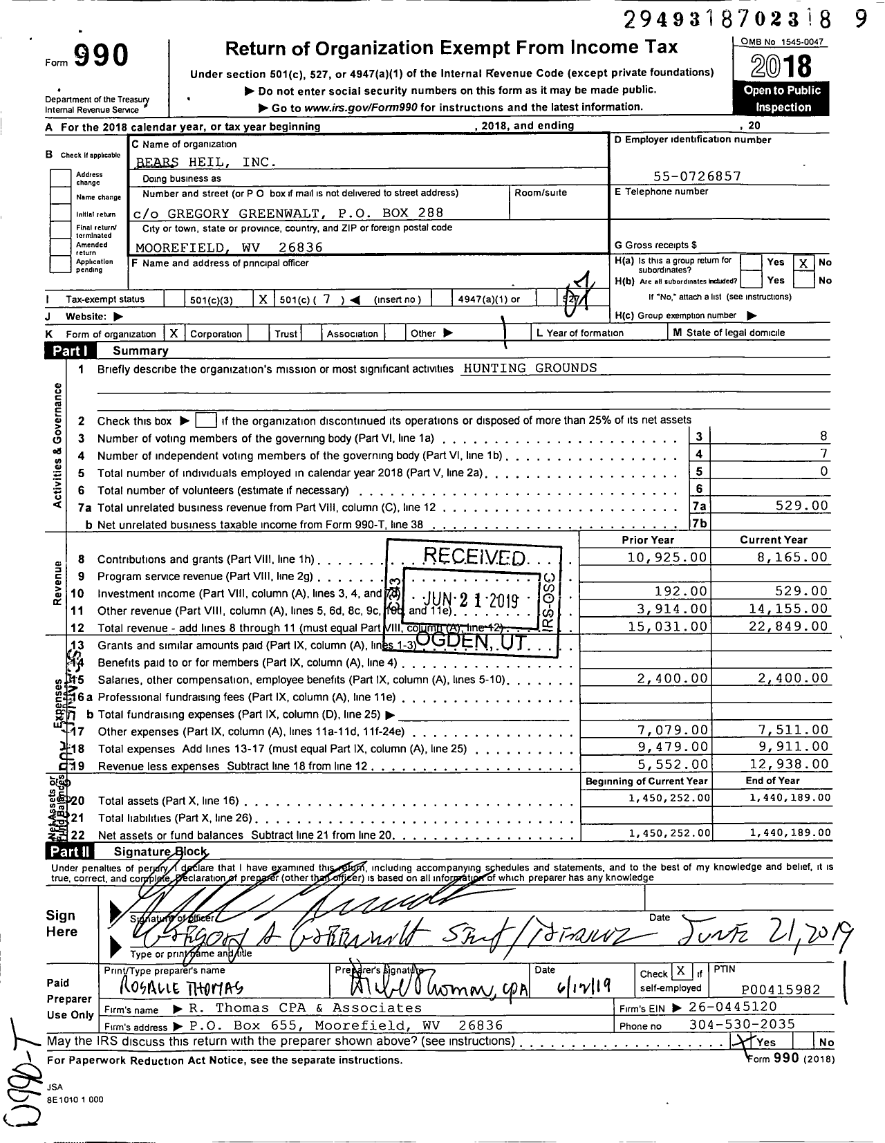 Image of first page of 2018 Form 990O for Bears Heil