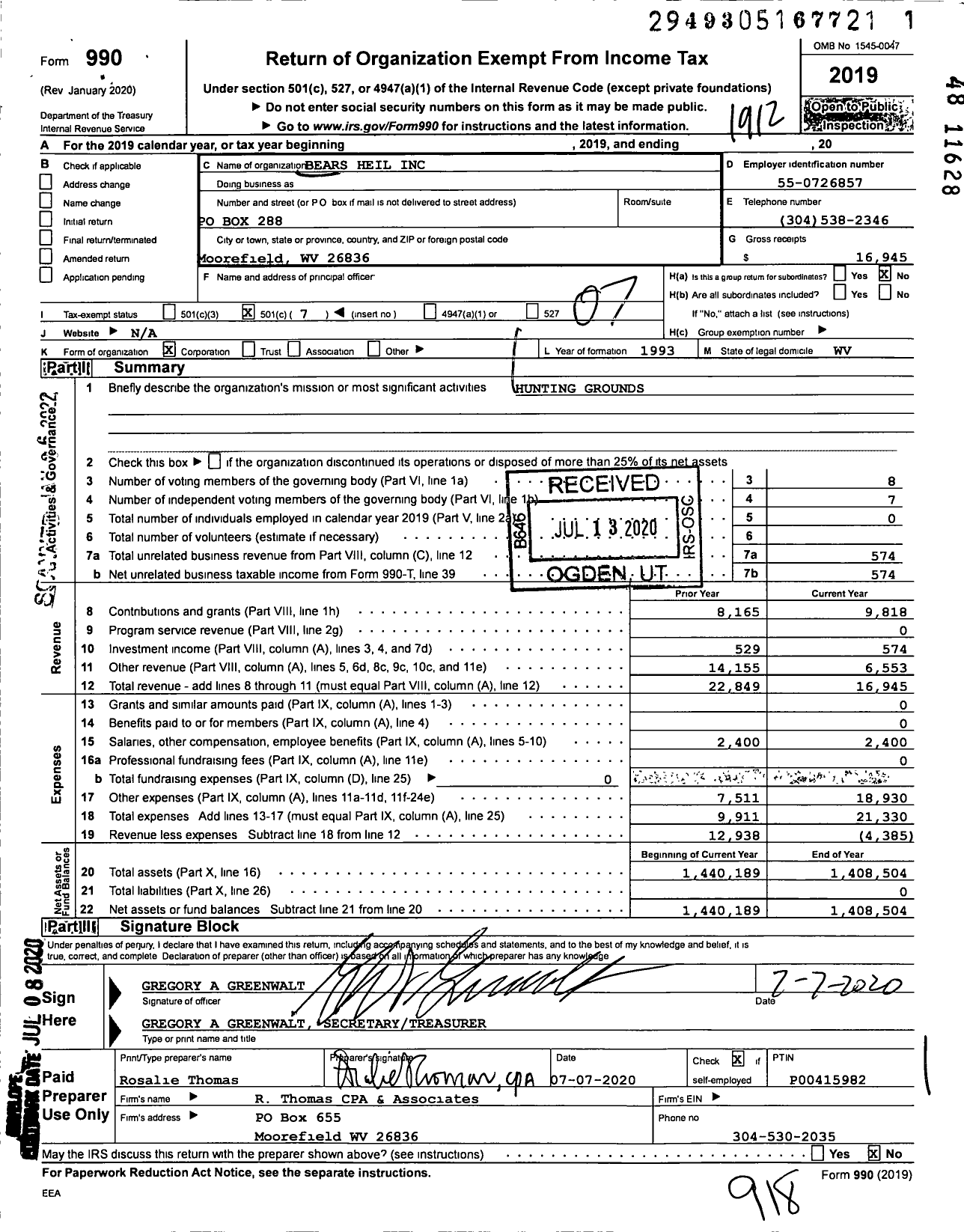 Image of first page of 2019 Form 990O for Bears Heil