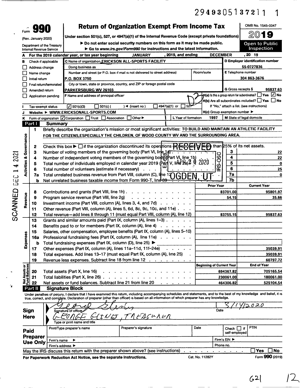 Image of first page of 2019 Form 990 for Erickson All-Sports Facility Development Corporation