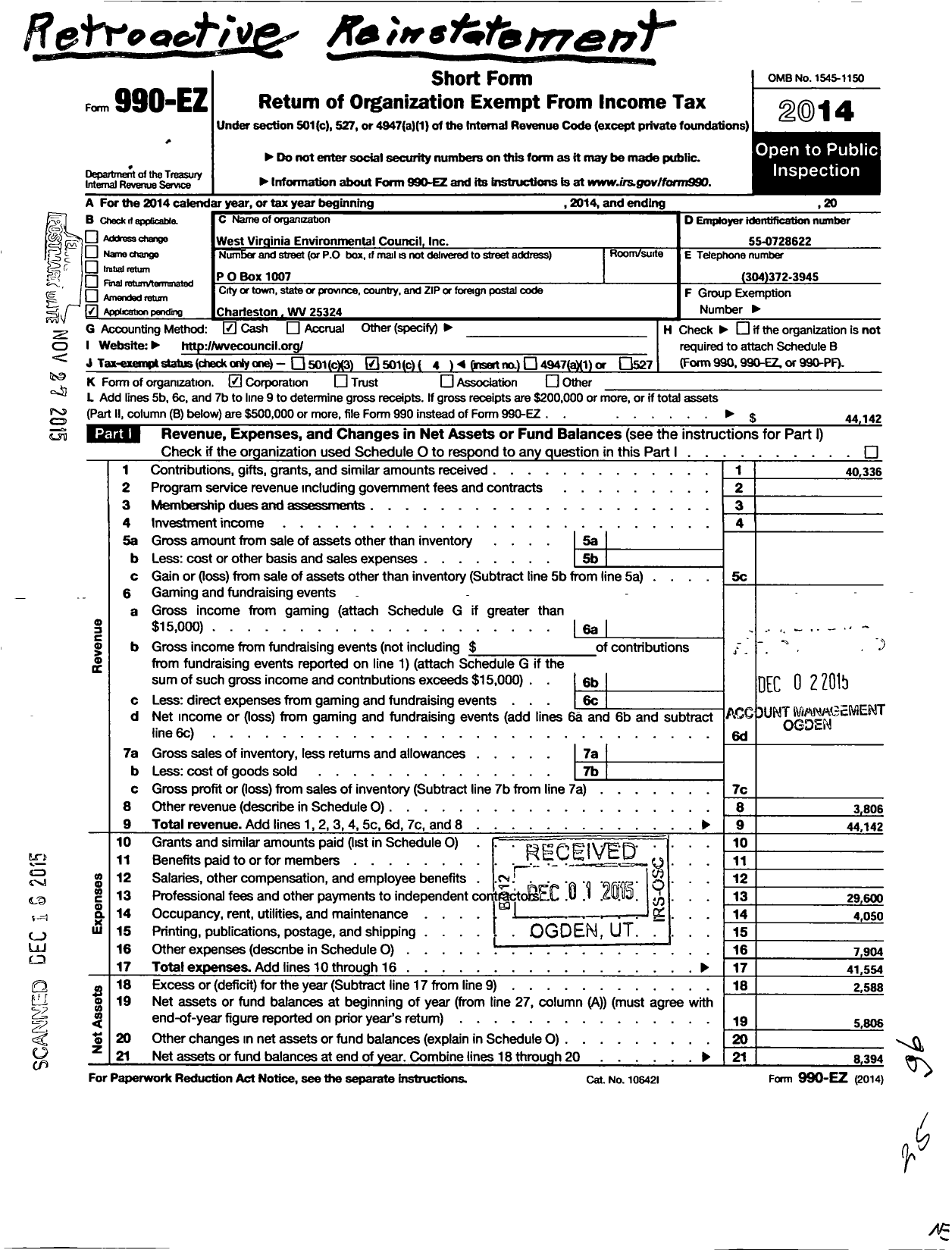 Image of first page of 2014 Form 990EO for West Virginia Environmental Council