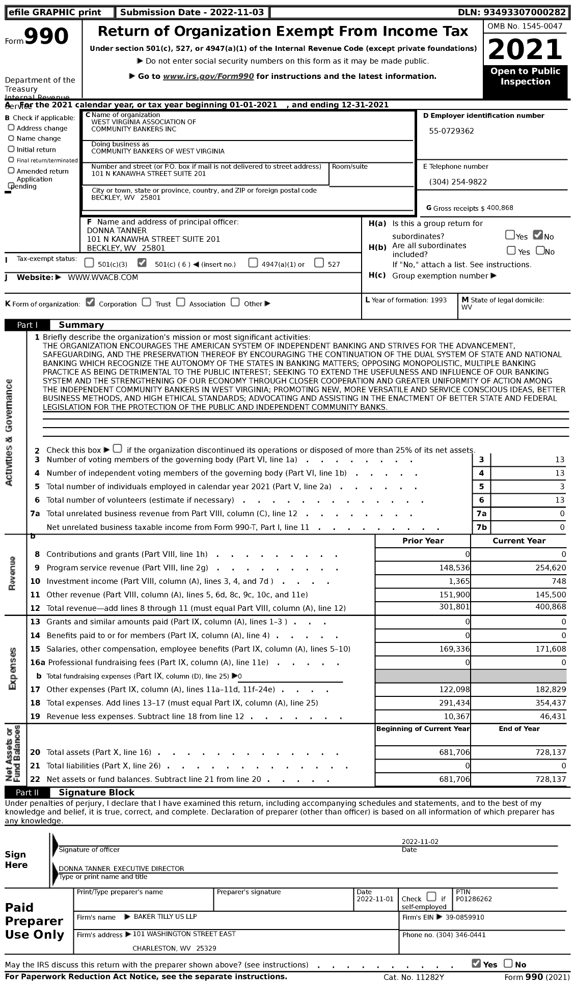 Image of first page of 2021 Form 990 for Community Bankers of West Virginia