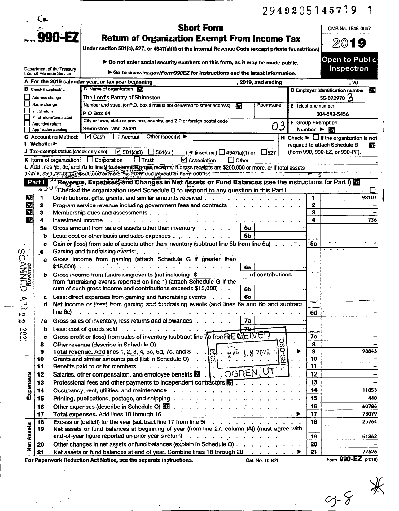 Image of first page of 2019 Form 990EZ for The Lord's Pantry of Shinnston