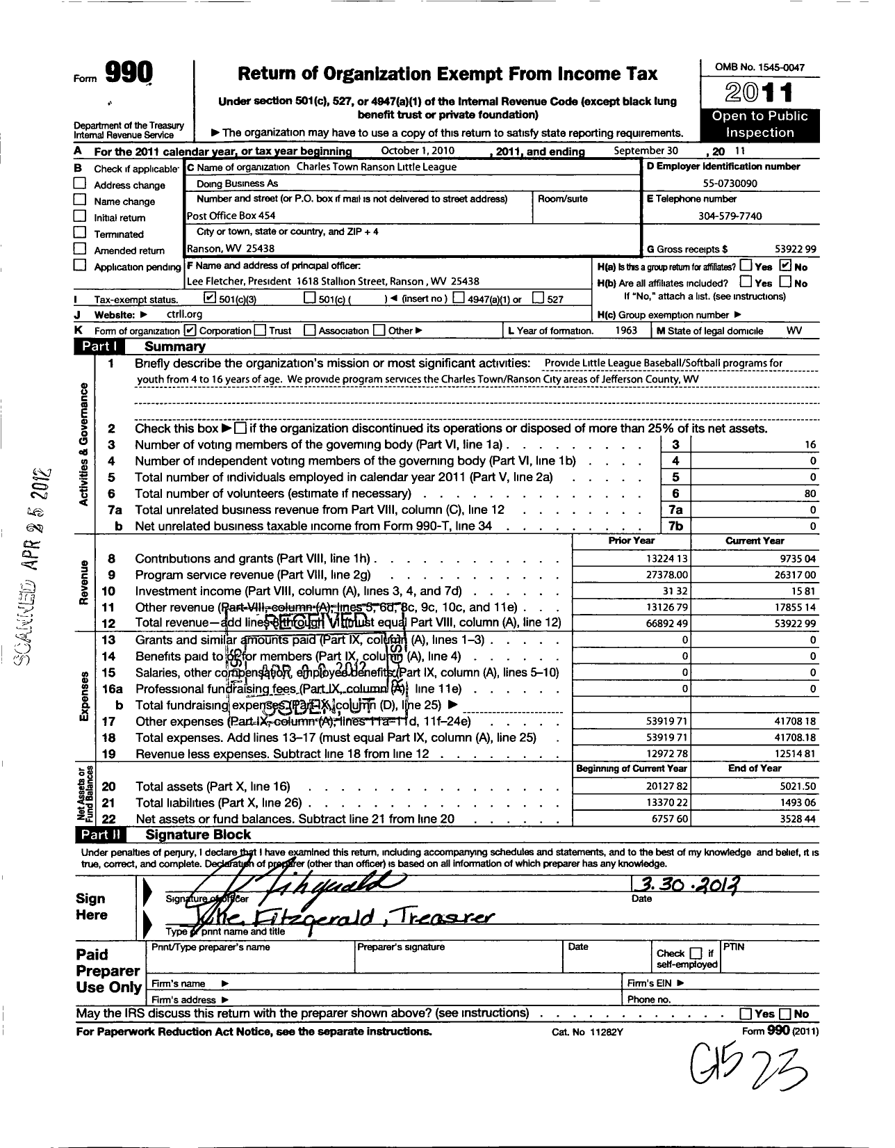 Image of first page of 2010 Form 990 for Little League Baseball - 3480616 Charles Washington LL