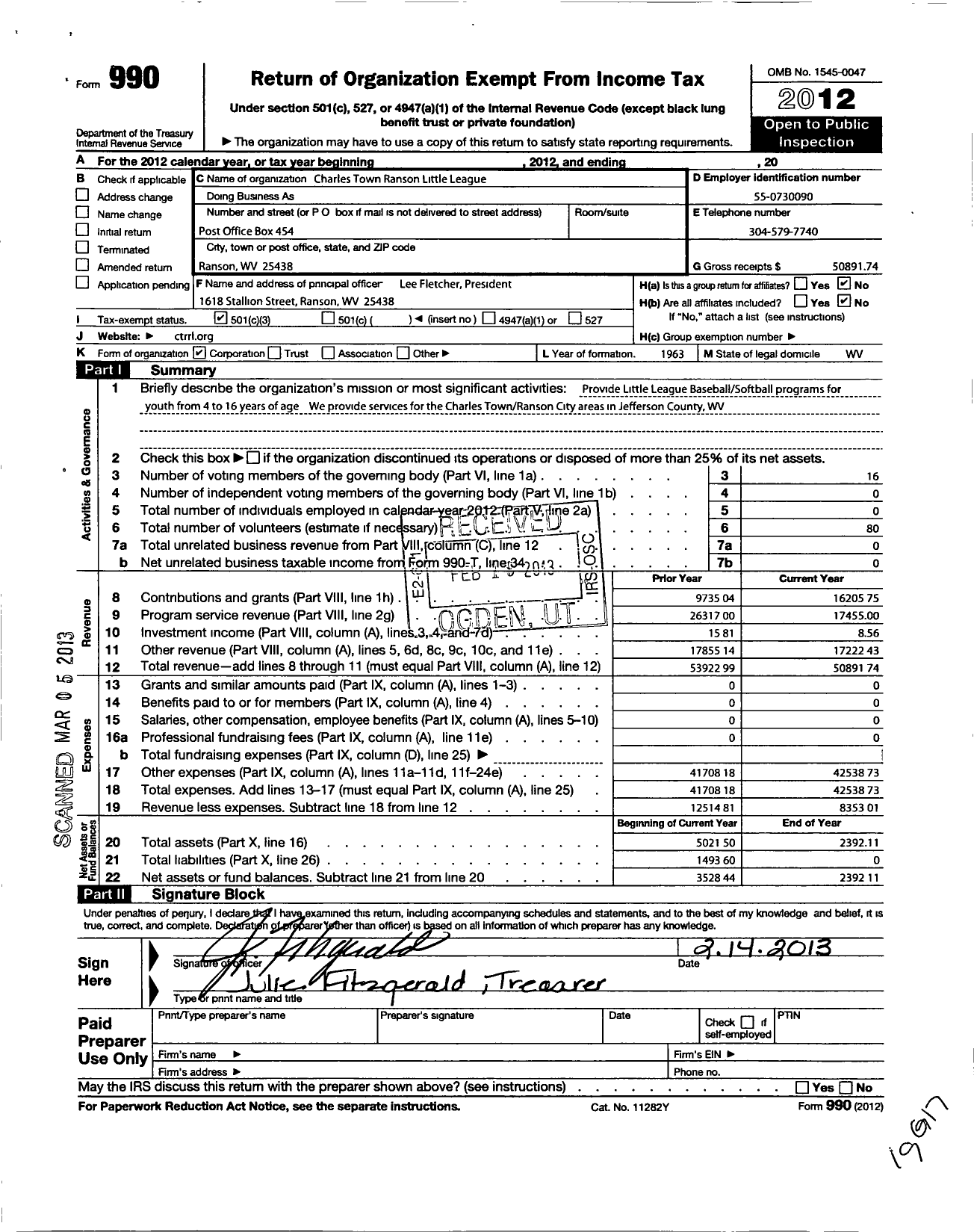 Image of first page of 2012 Form 990 for Little League Baseball - 3480616 Charles Washington LL