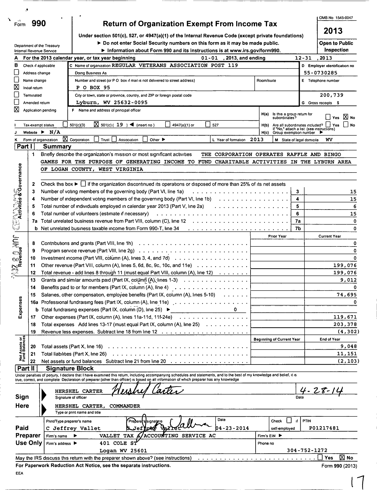 Image of first page of 2013 Form 990O for Regular Veterans Association Post 119