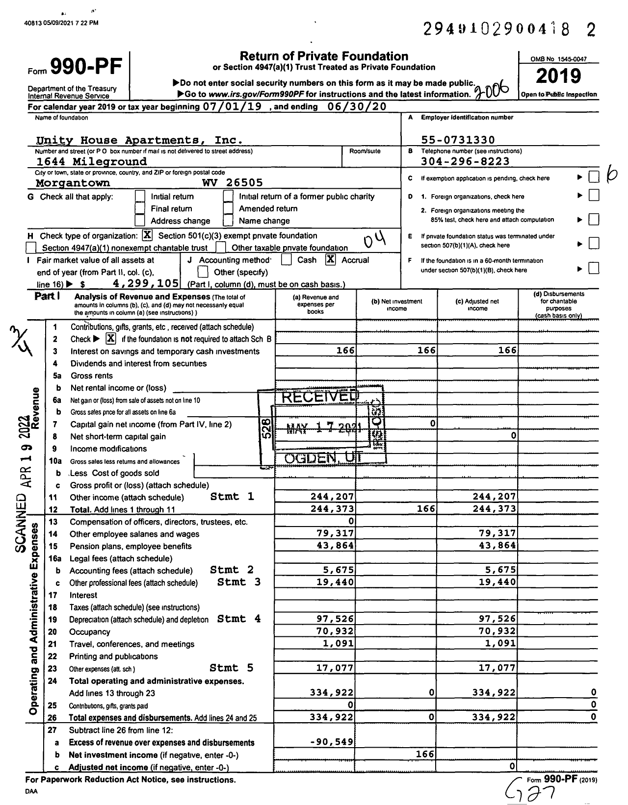 Image of first page of 2019 Form 990PF for Unity House Apartments