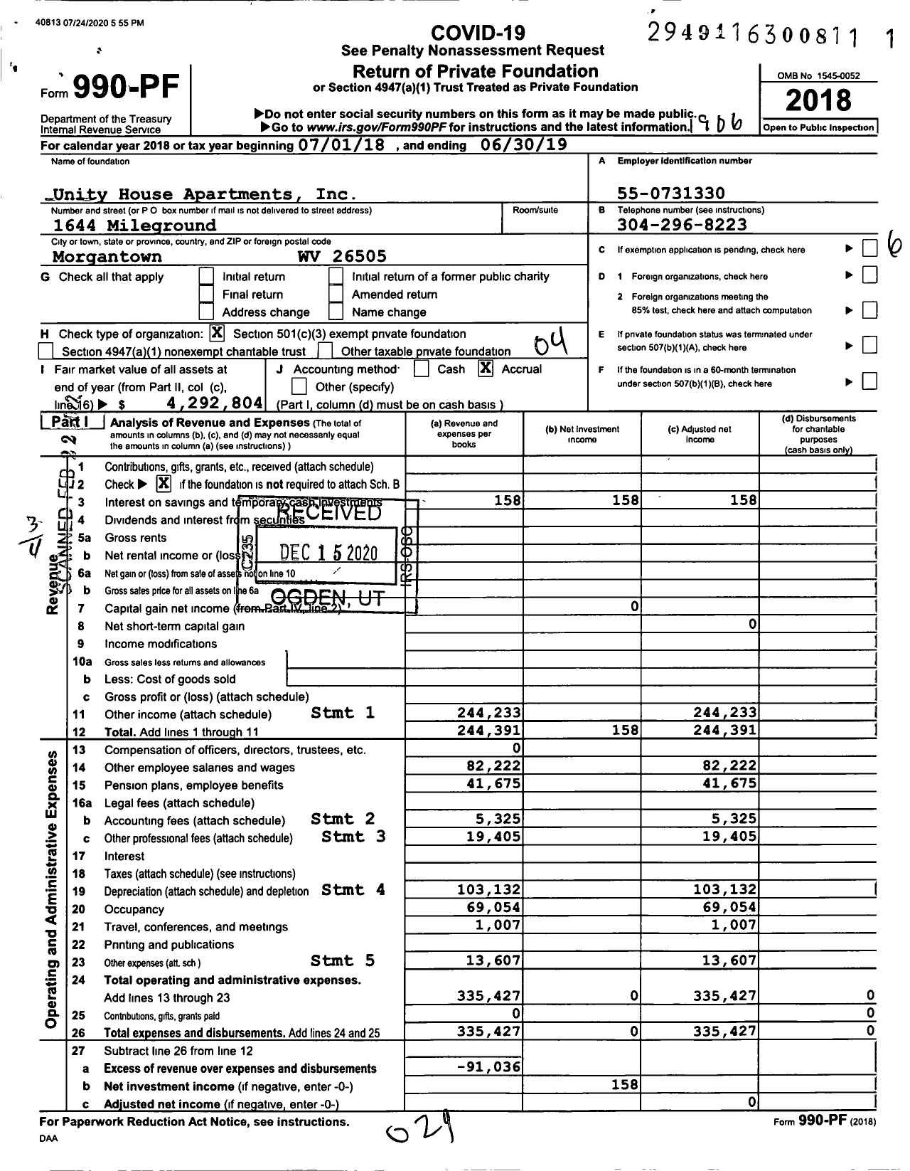 Image of first page of 2018 Form 990PF for Unity House Apartments