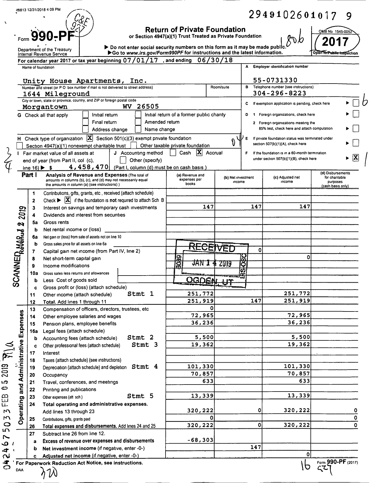 Image of first page of 2017 Form 990PF for Unity House Apartments