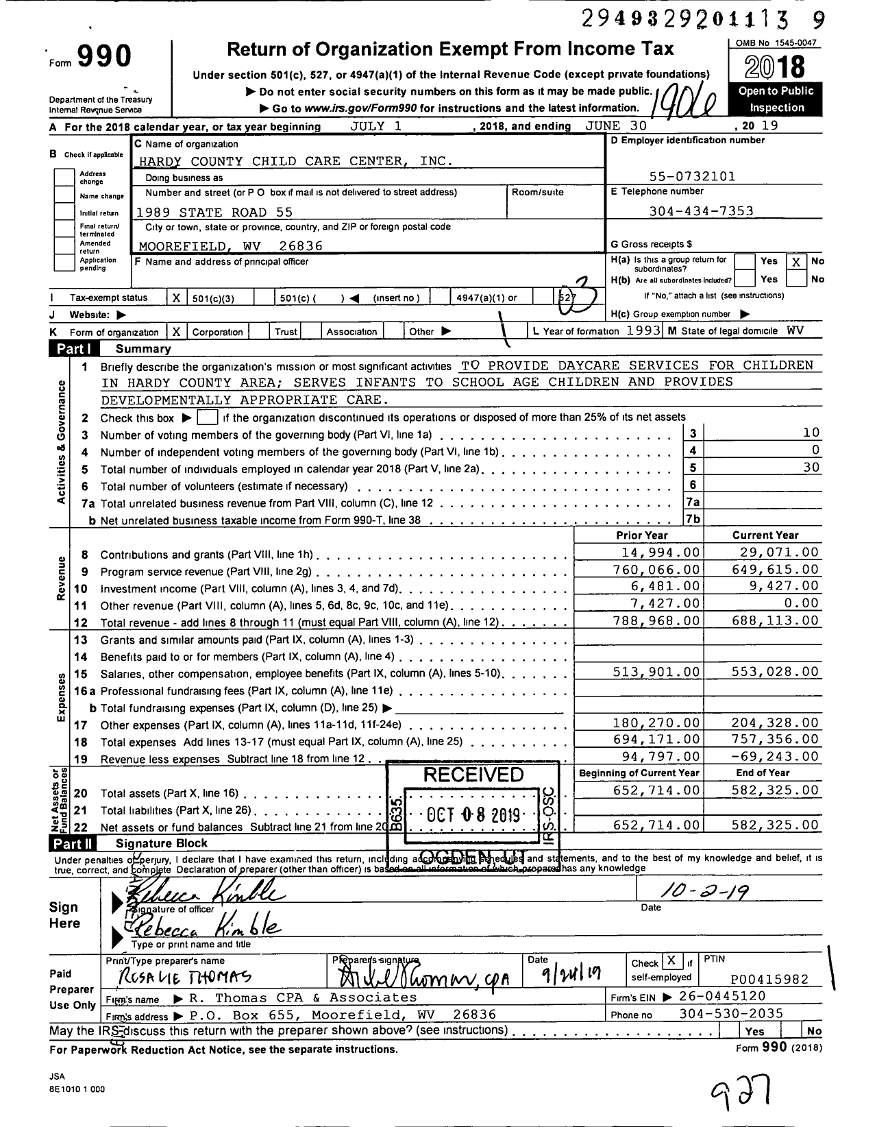 Image of first page of 2018 Form 990 for Hardy County Child Care Center