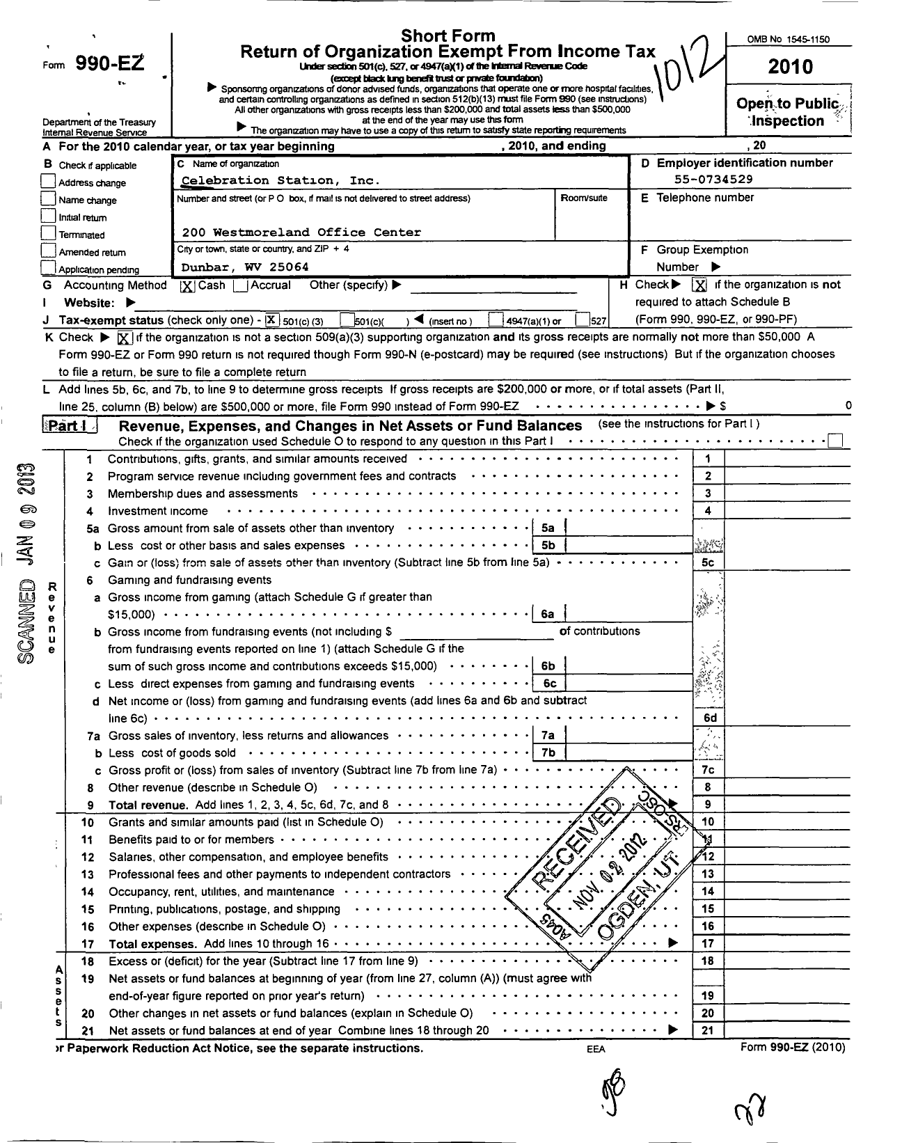 Image of first page of 2010 Form 990EZ for Celebration Station