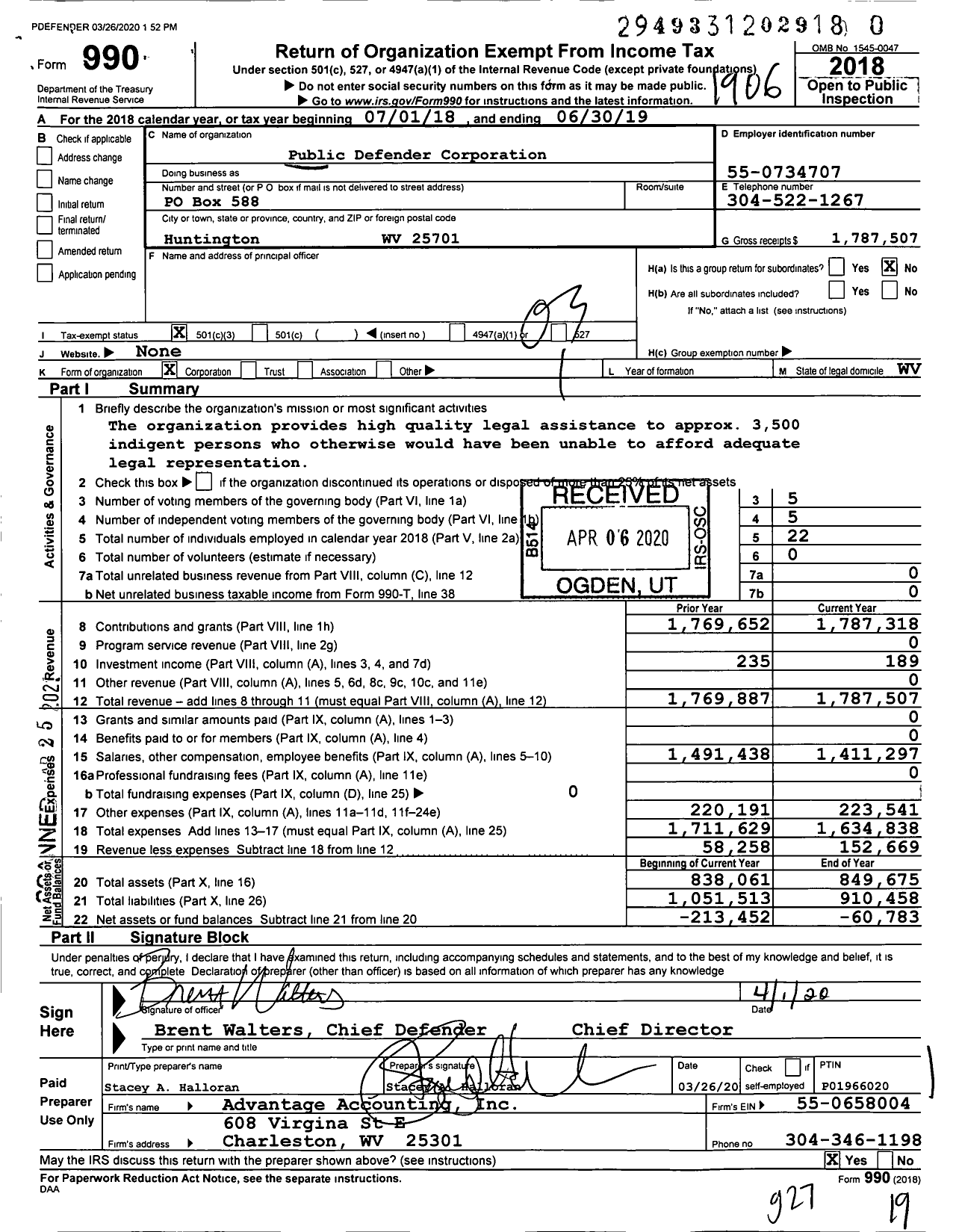 Image of first page of 2018 Form 990 for Public Defender Corporation