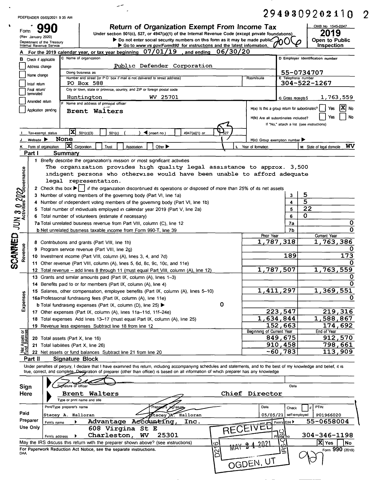 Image of first page of 2019 Form 990 for Public Defender Corporation