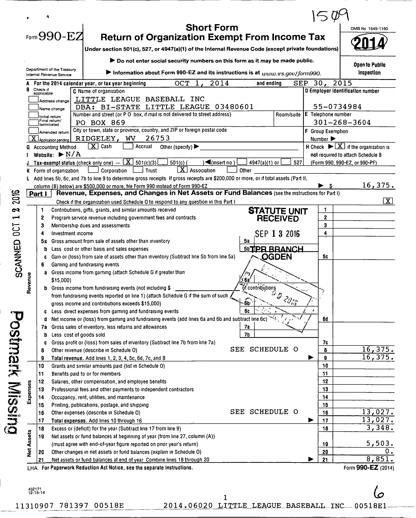 Image of first page of 2014 Form 990EZ for Little League Baseball - 3480601 Mineral County LL