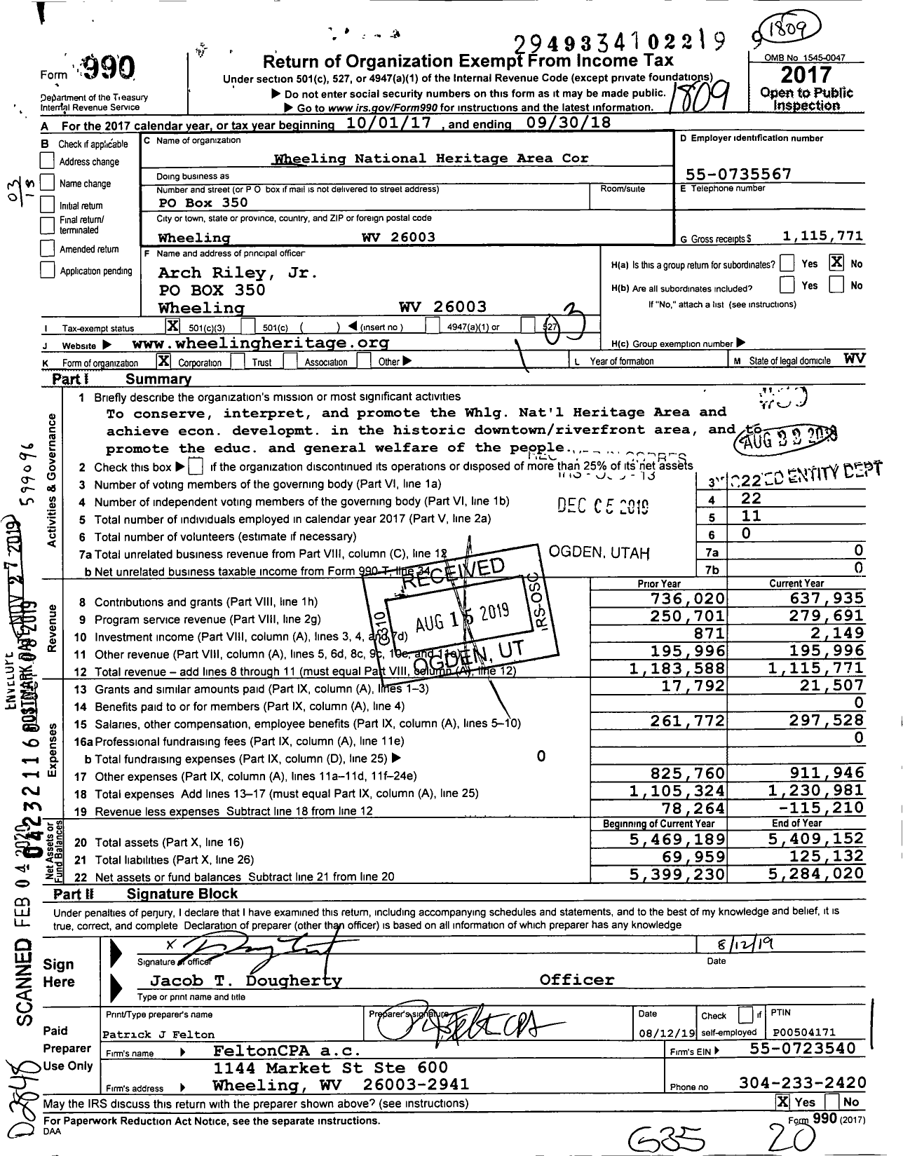 Image of first page of 2017 Form 990 for Wheeling National Heritage Area Cor
