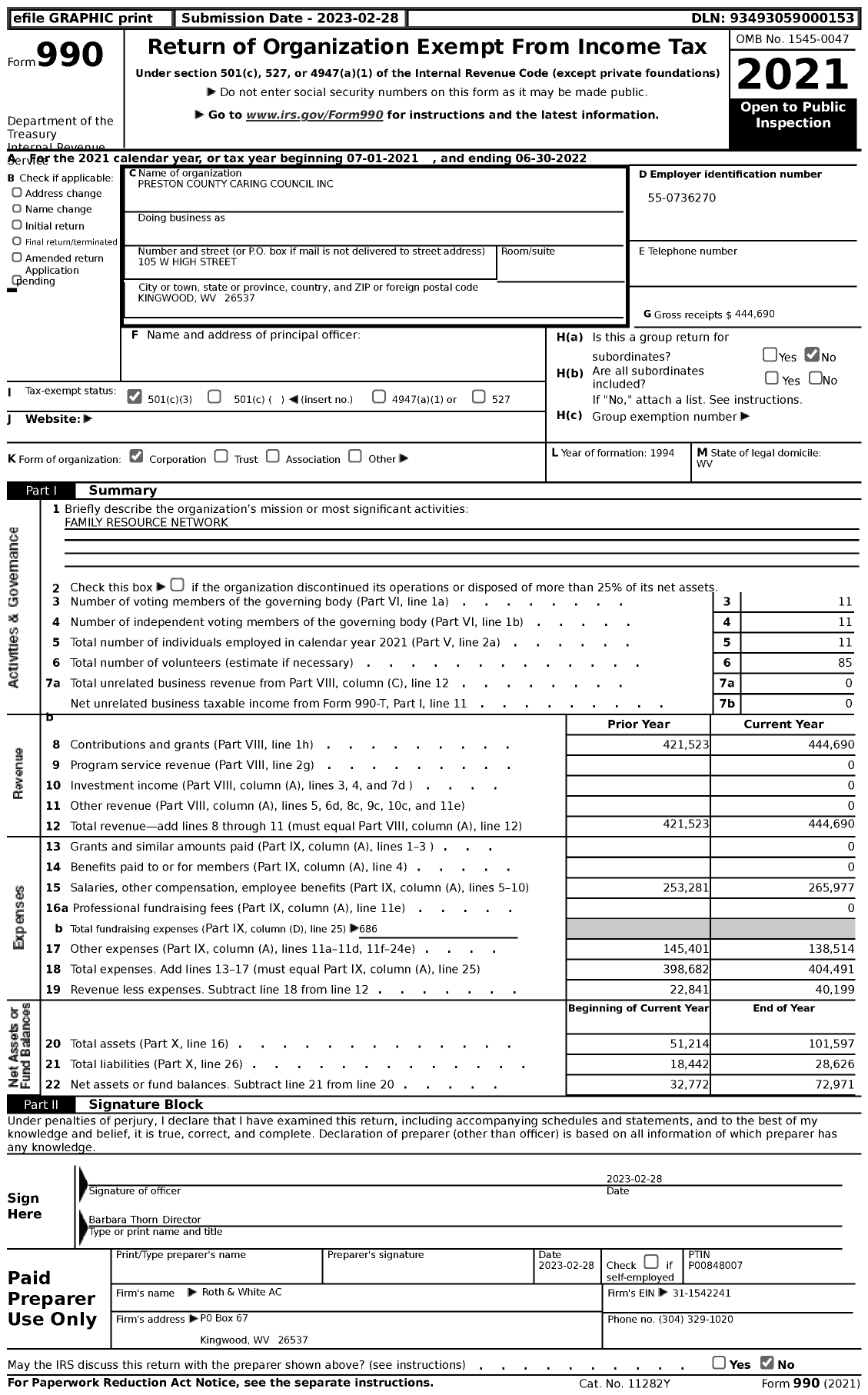 Image of first page of 2021 Form 990 for Preston County Caring Council