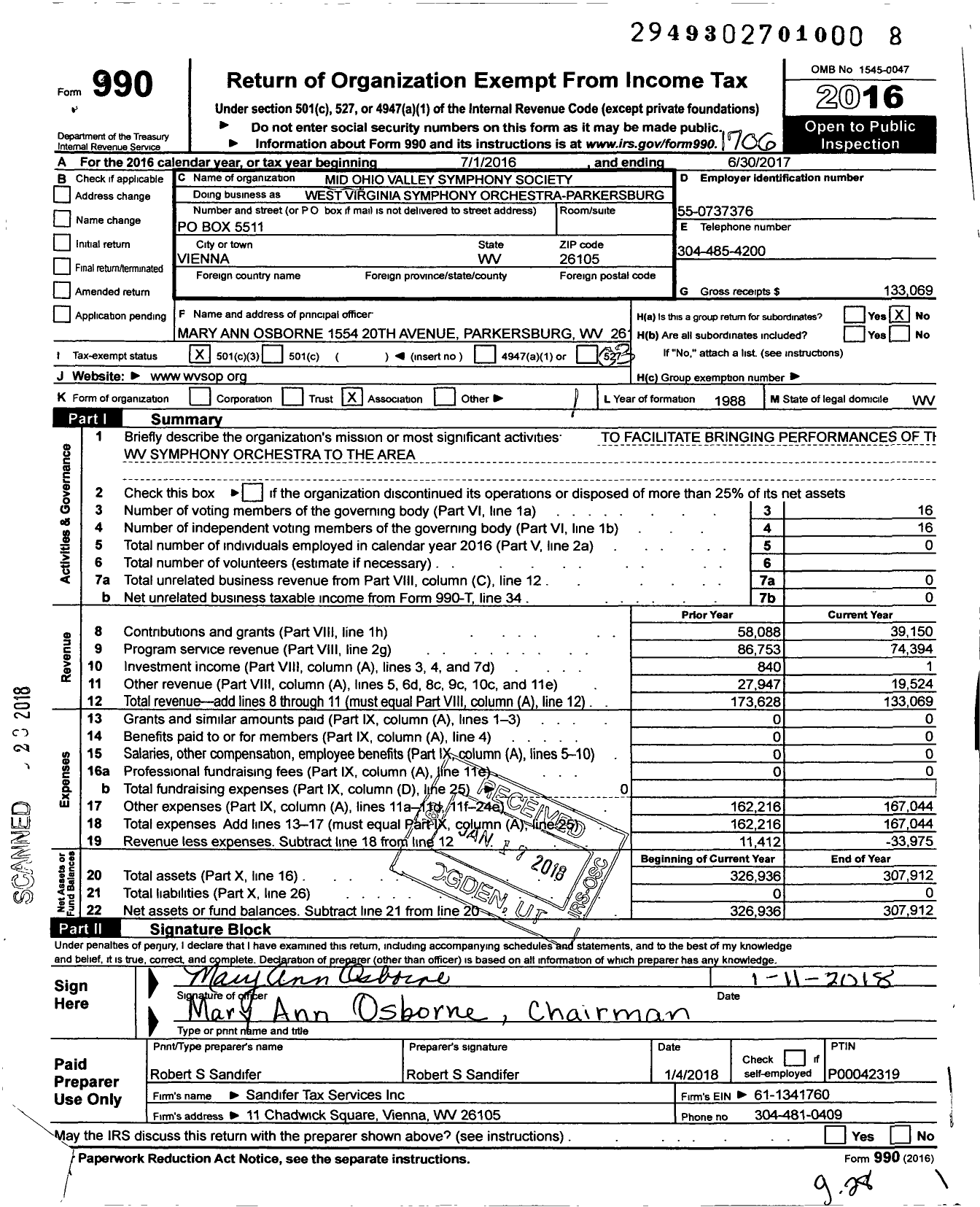 Image of first page of 2016 Form 990 for WV Symphony Orchestra-Parkersburg