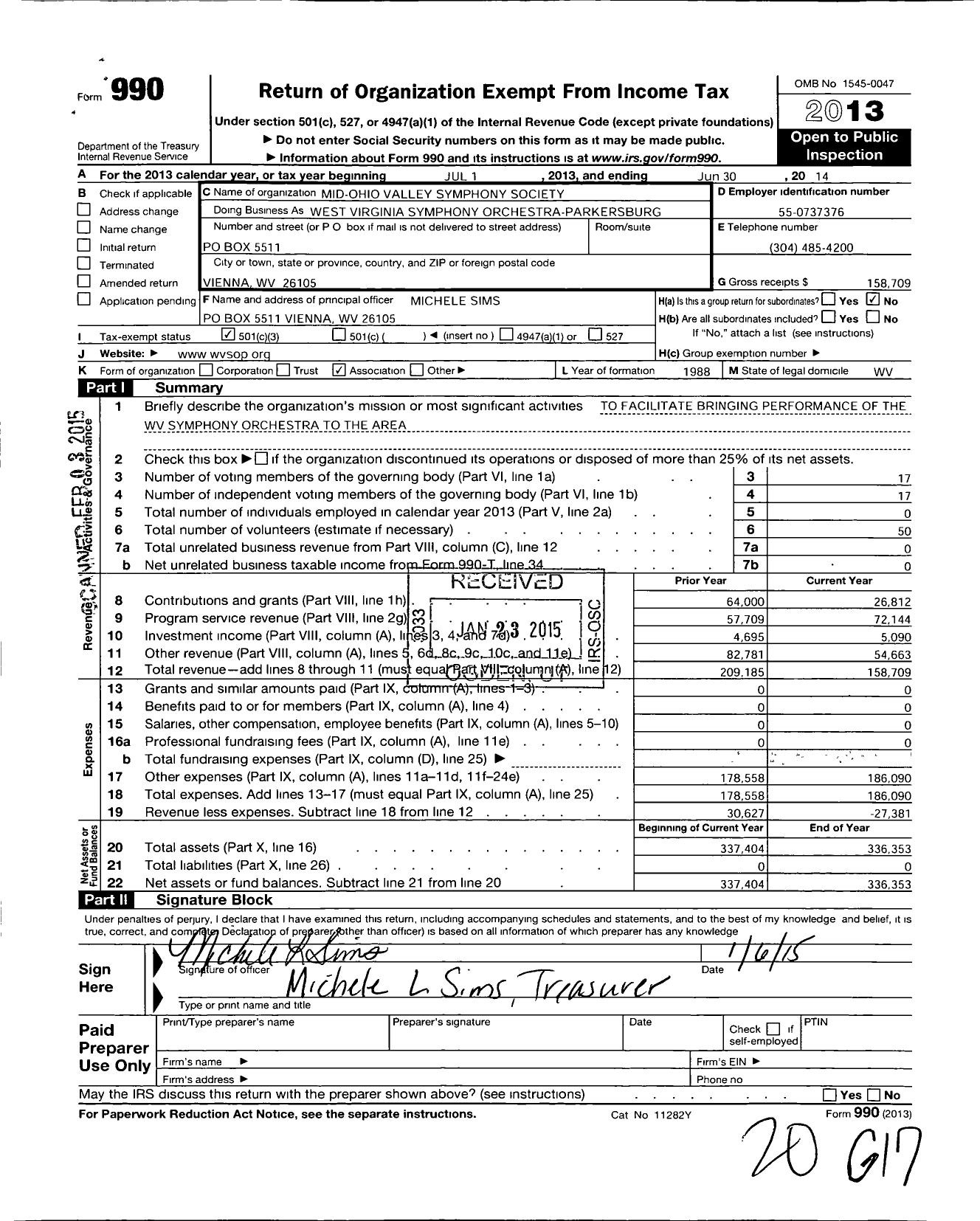 Image of first page of 2013 Form 990 for WV Symphony Orchestra-Parkersburg