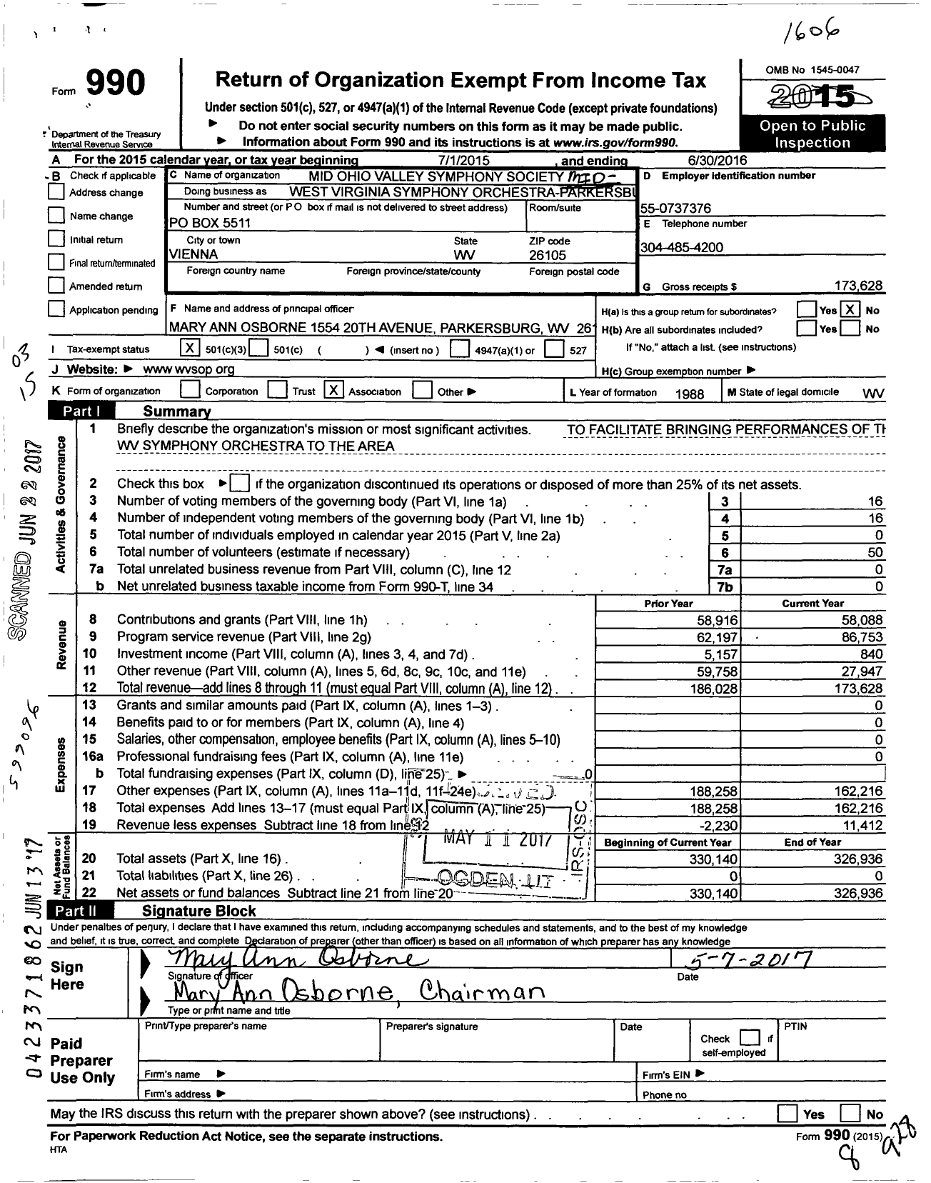 Image of first page of 2015 Form 990 for WV Symphony Orchestra-Parkersburg