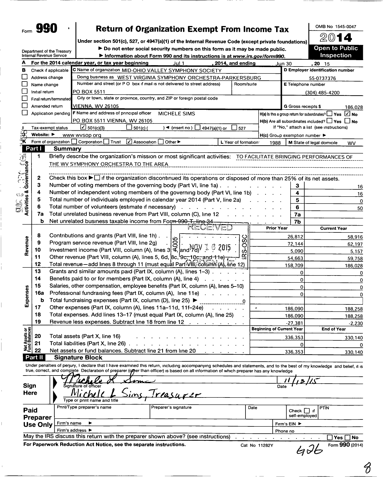 Image of first page of 2014 Form 990 for WV Symphony Orchestra-Parkersburg