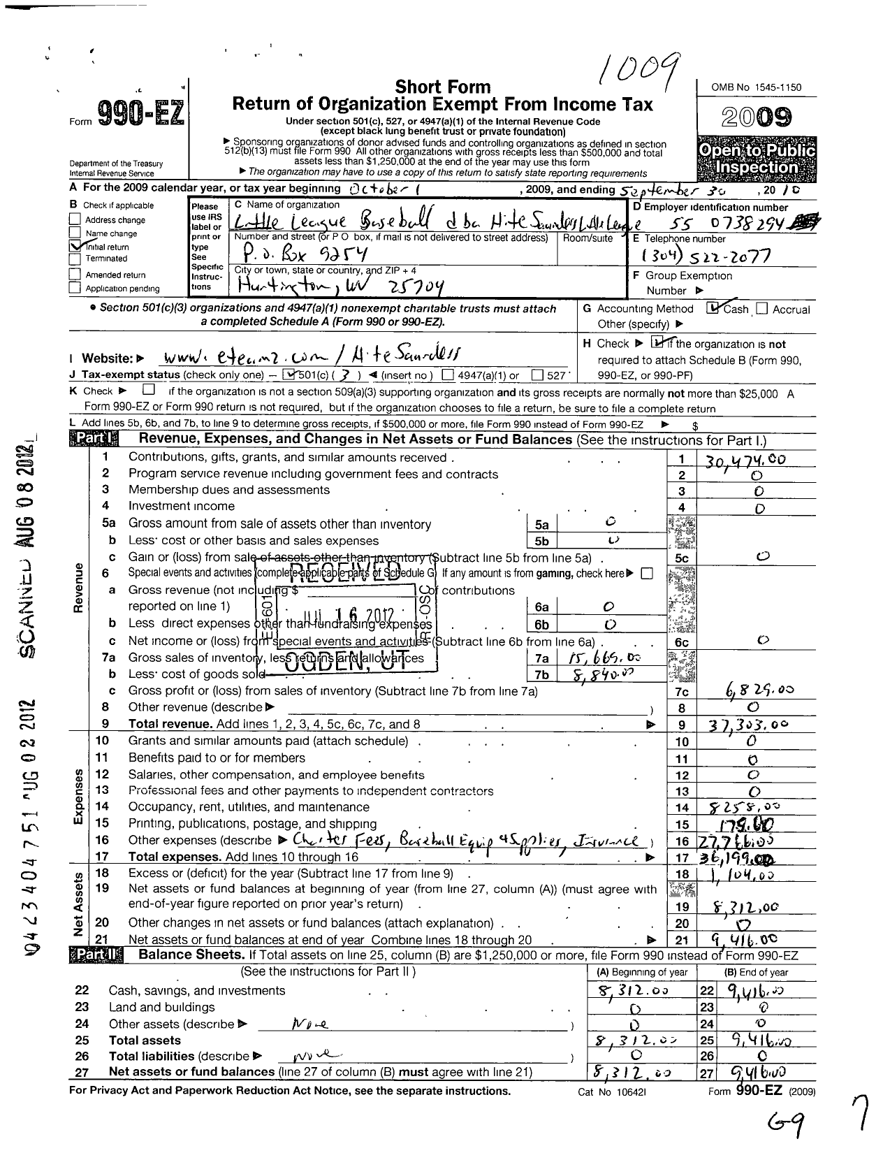 Image of first page of 2009 Form 990EZ for Little League Baseball - Hite Saunders Little League