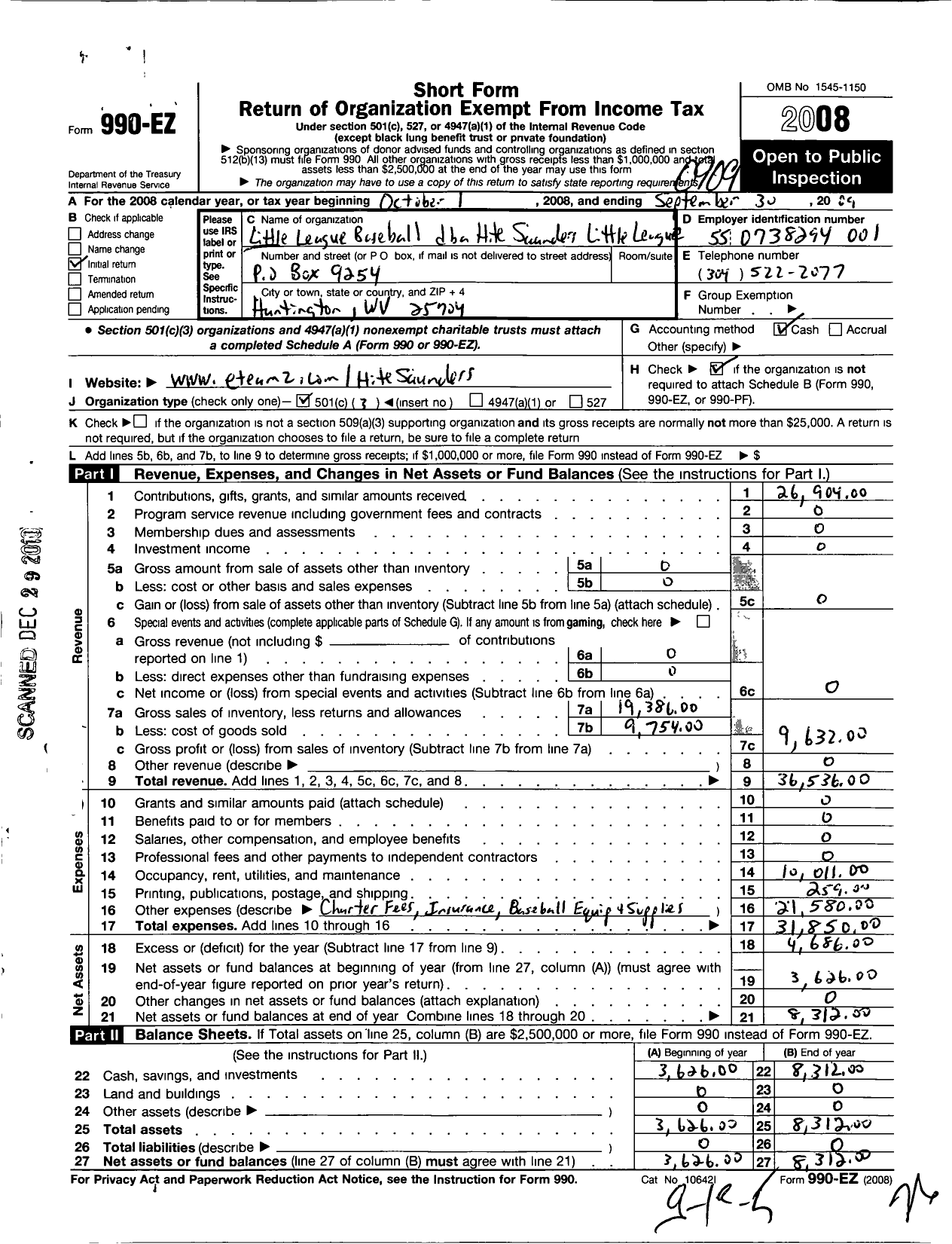 Image of first page of 2008 Form 990EZ for Little League Baseball - Hite Saunders Little League