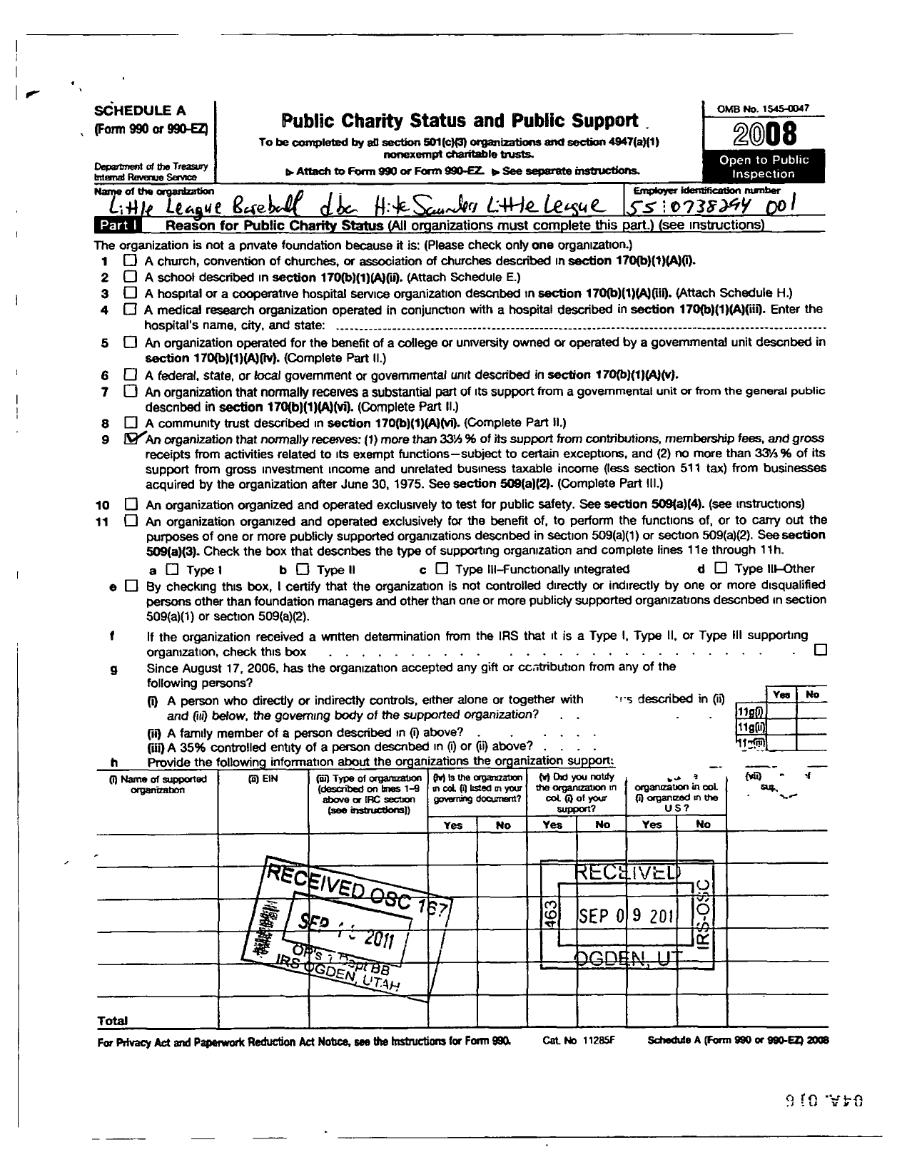 Image of first page of 2008 Form 990ER for Little League Baseball - Hite Saunders Little League