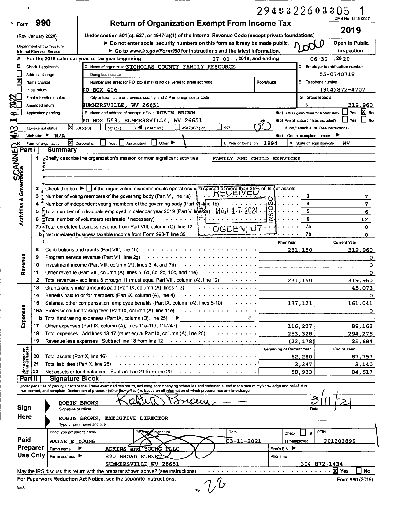 Image of first page of 2019 Form 990 for Nicholas County Family Resource Network