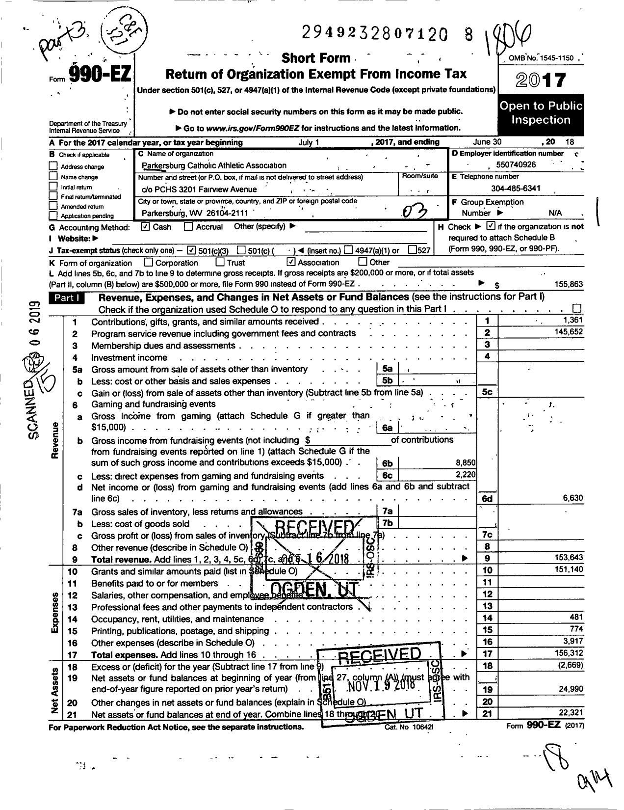 Image of first page of 2017 Form 990EZ for Parkersburg Catholic Athletic Association