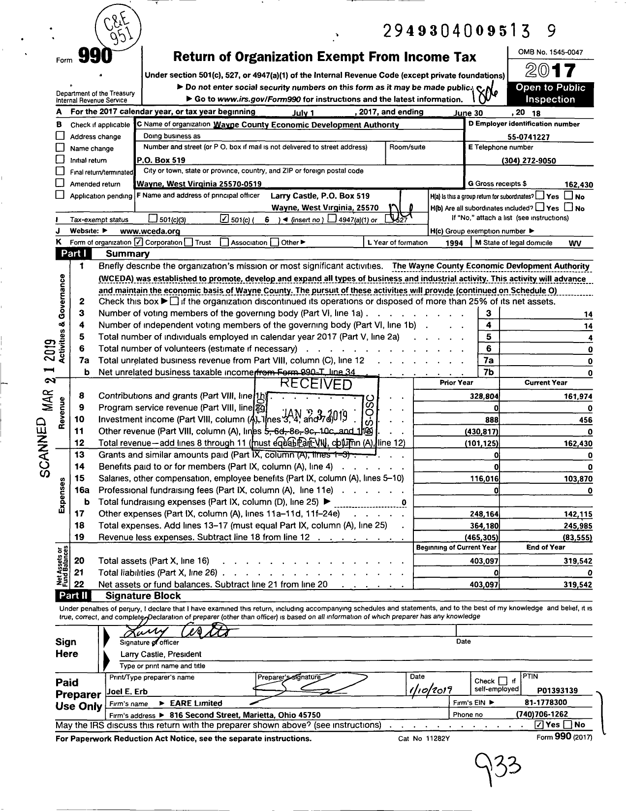 Image of first page of 2017 Form 990O for Wayne County Economic Development Authority