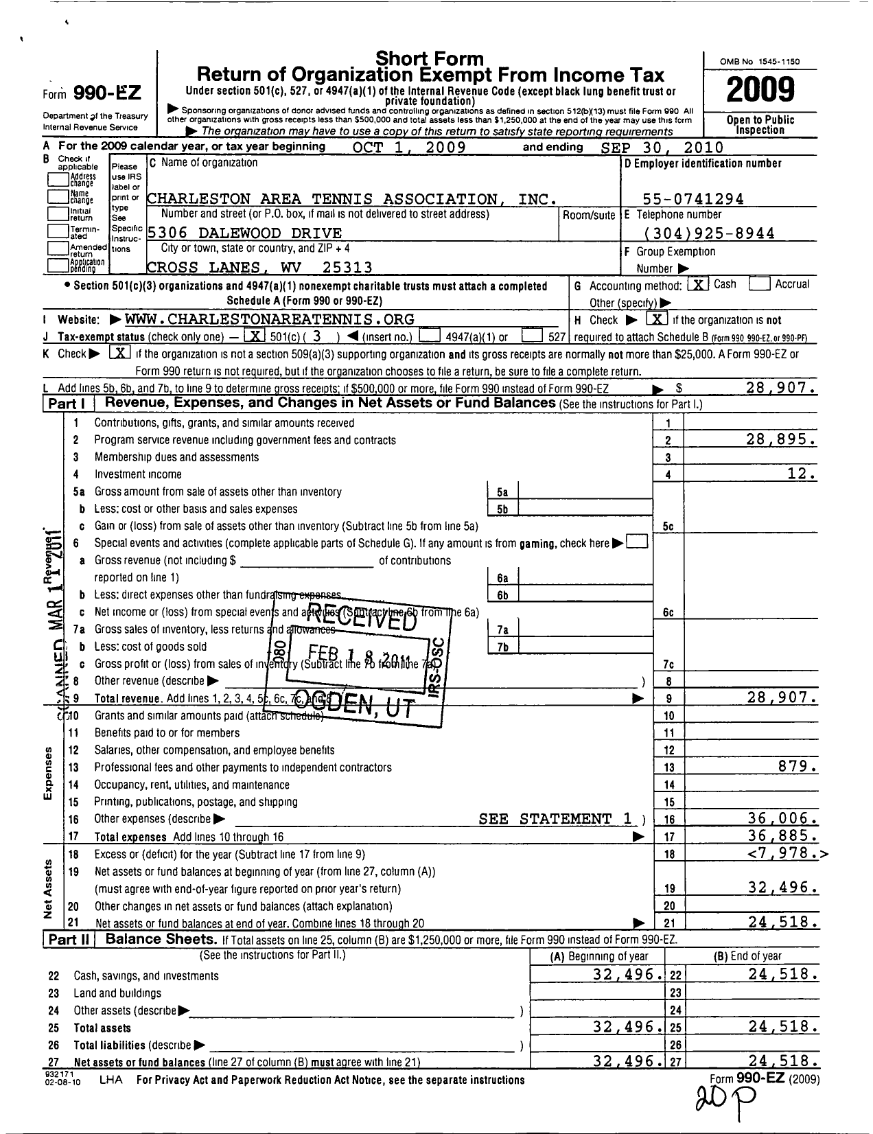 Image of first page of 2009 Form 990EZ for Charleston Area Tennis Association