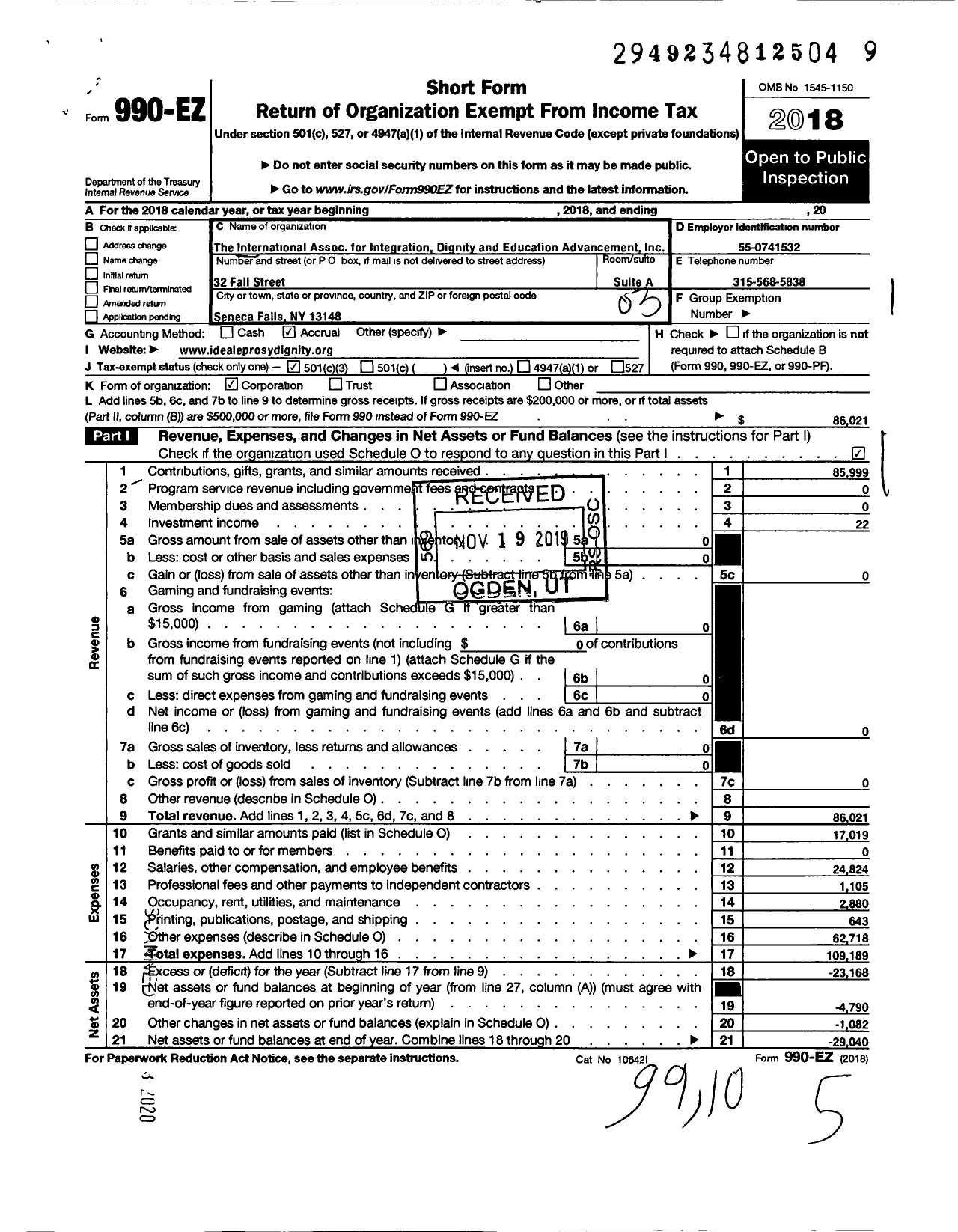 Image of first page of 2018 Form 990EZ for International Association for Integration Dignity and Economic Advncmnt