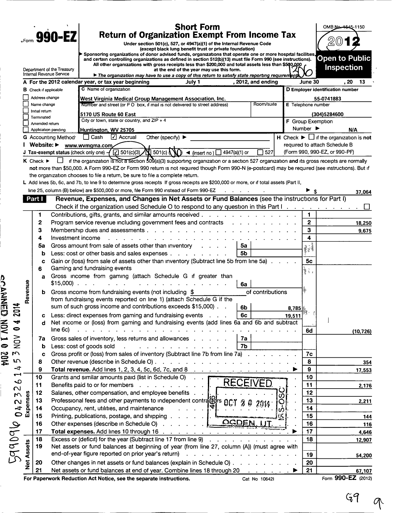 Image of first page of 2011 Form 990EO for West Virginia Medical Group Management Association