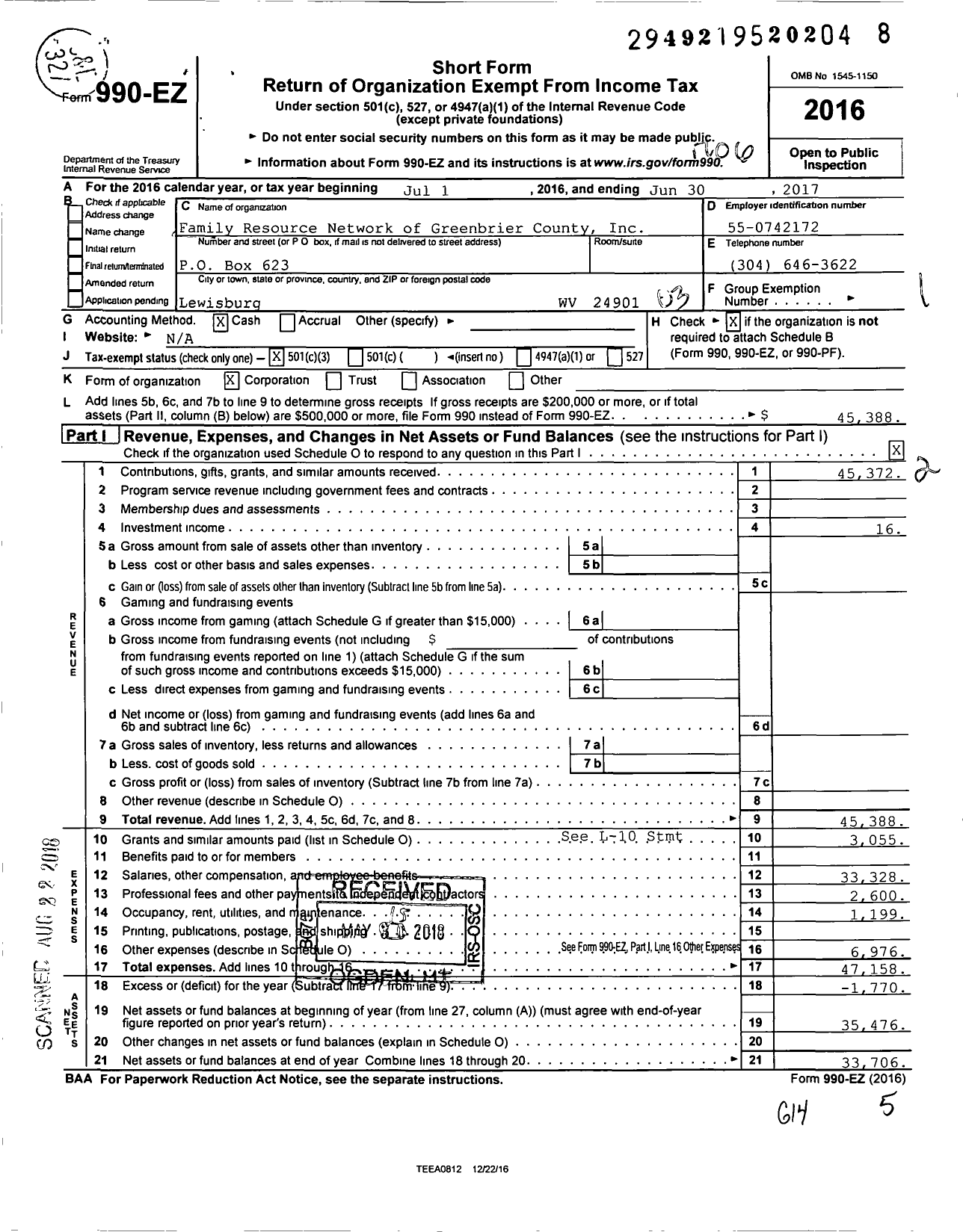 Image of first page of 2016 Form 990EZ for Family Resource Network of Greenbrier County