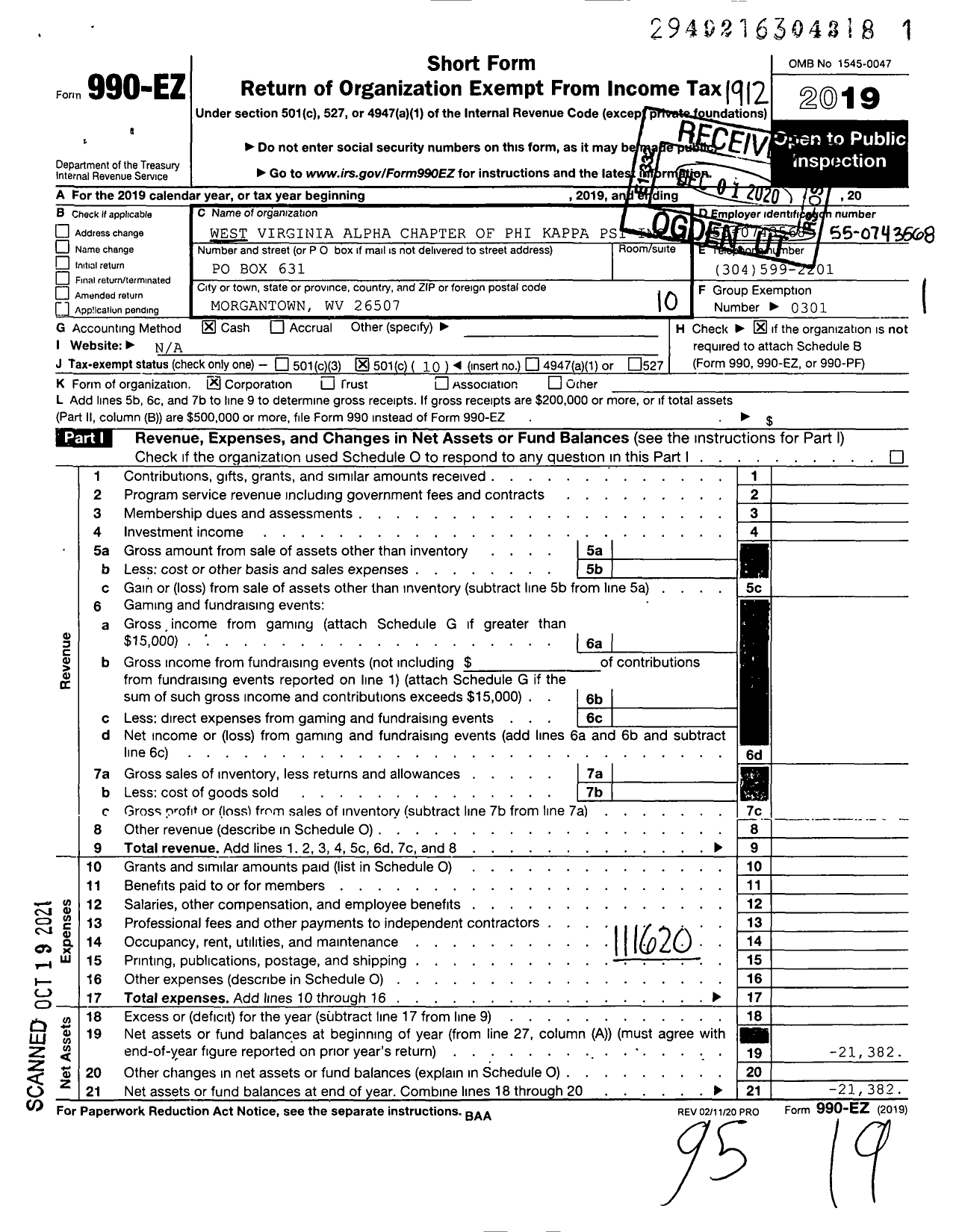 Image of first page of 2019 Form 990EO for Phi Kappa Psi Fraternity - West Virginia Alpha Chapter