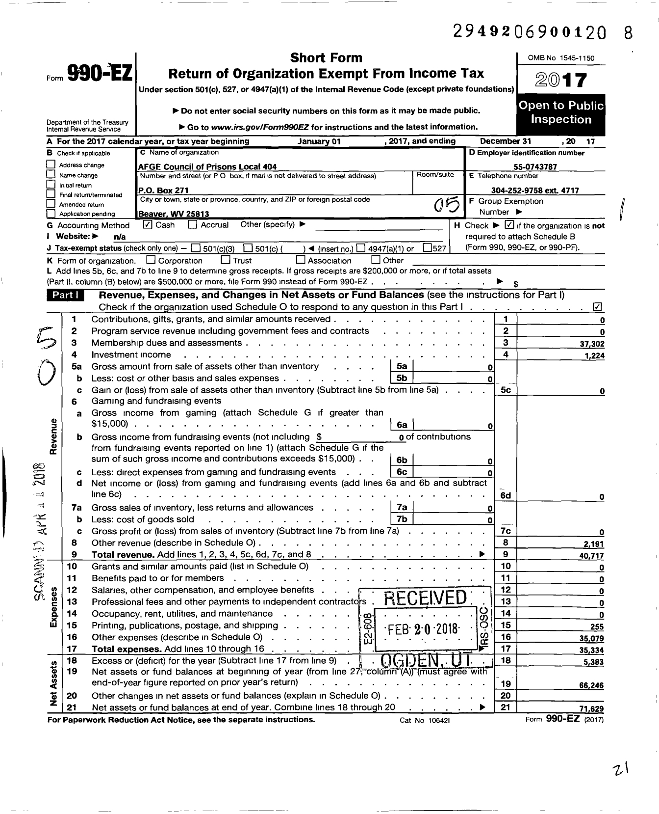 Image of first page of 2017 Form 990EO for American Federation of Government Employees - 404 Afge Bop Local