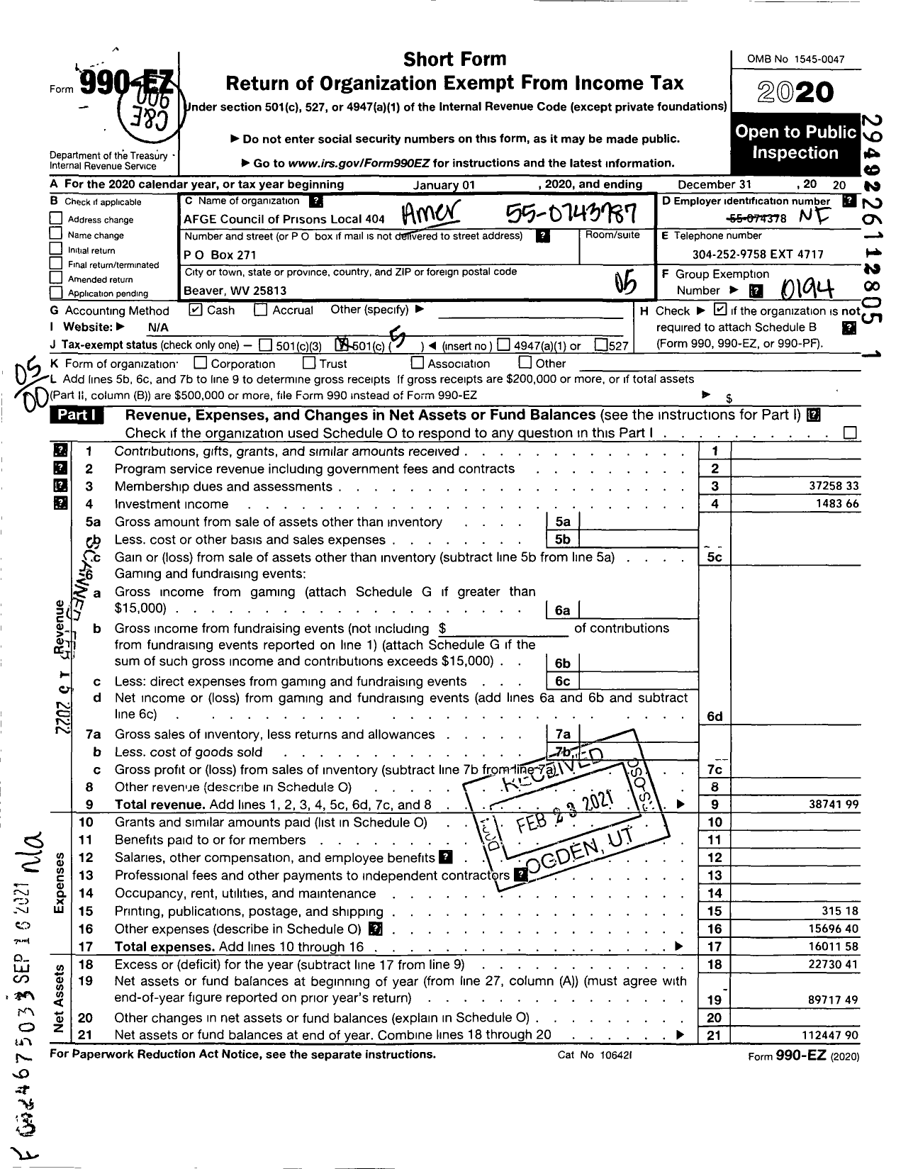 Image of first page of 2020 Form 990EO for American Federation of Government Employees - 404 Afge Bop Local