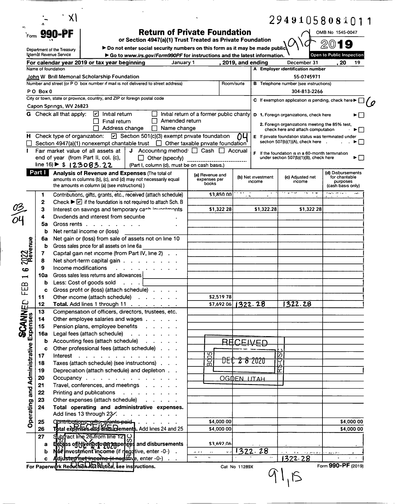 Image of first page of 2019 Form 990PF for The John W Brill Memorial Foundation