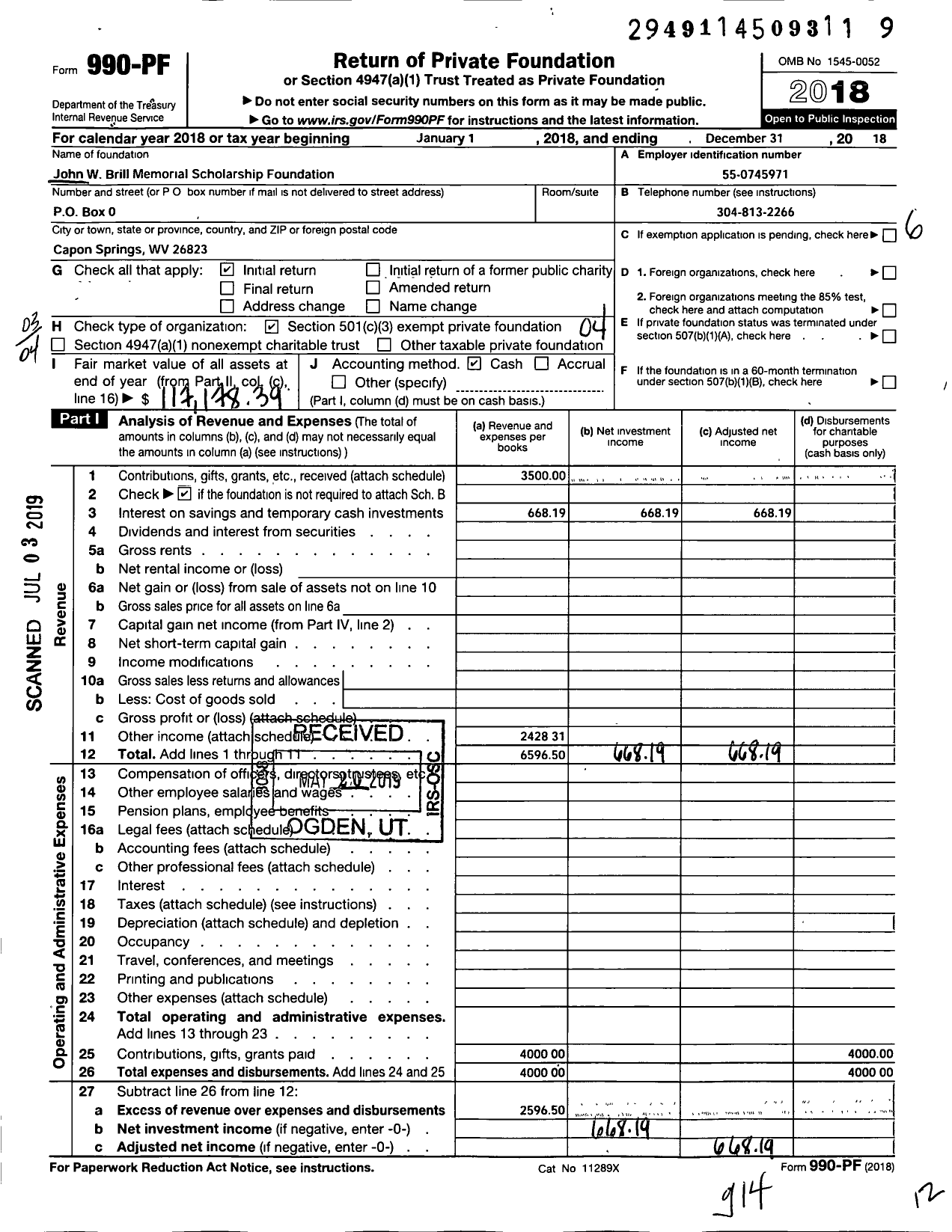 Image of first page of 2018 Form 990PF for The John W Brill Memorial Foundation