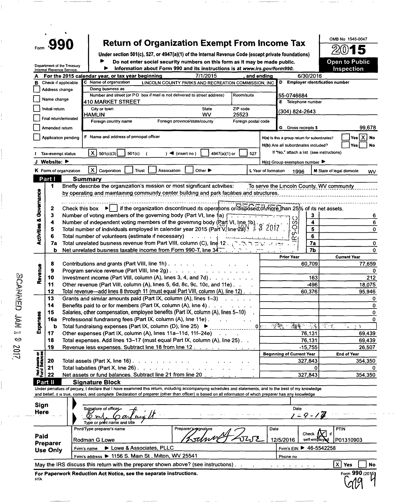 Image of first page of 2015 Form 990 for Lincoln County Parks and Recreation Commission