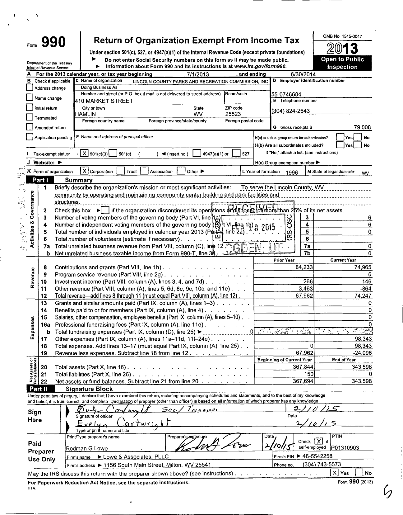 Image of first page of 2013 Form 990 for Lincoln County Parks and Recreation Commission