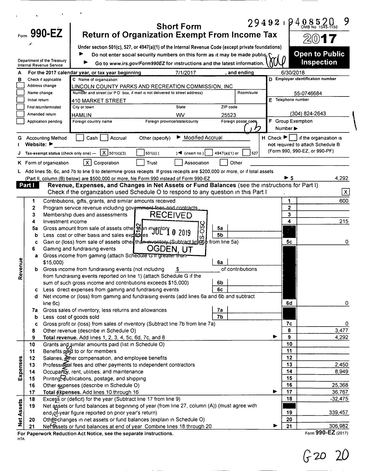 Image of first page of 2017 Form 990EZ for Lincoln County Parks and Recreation Commission