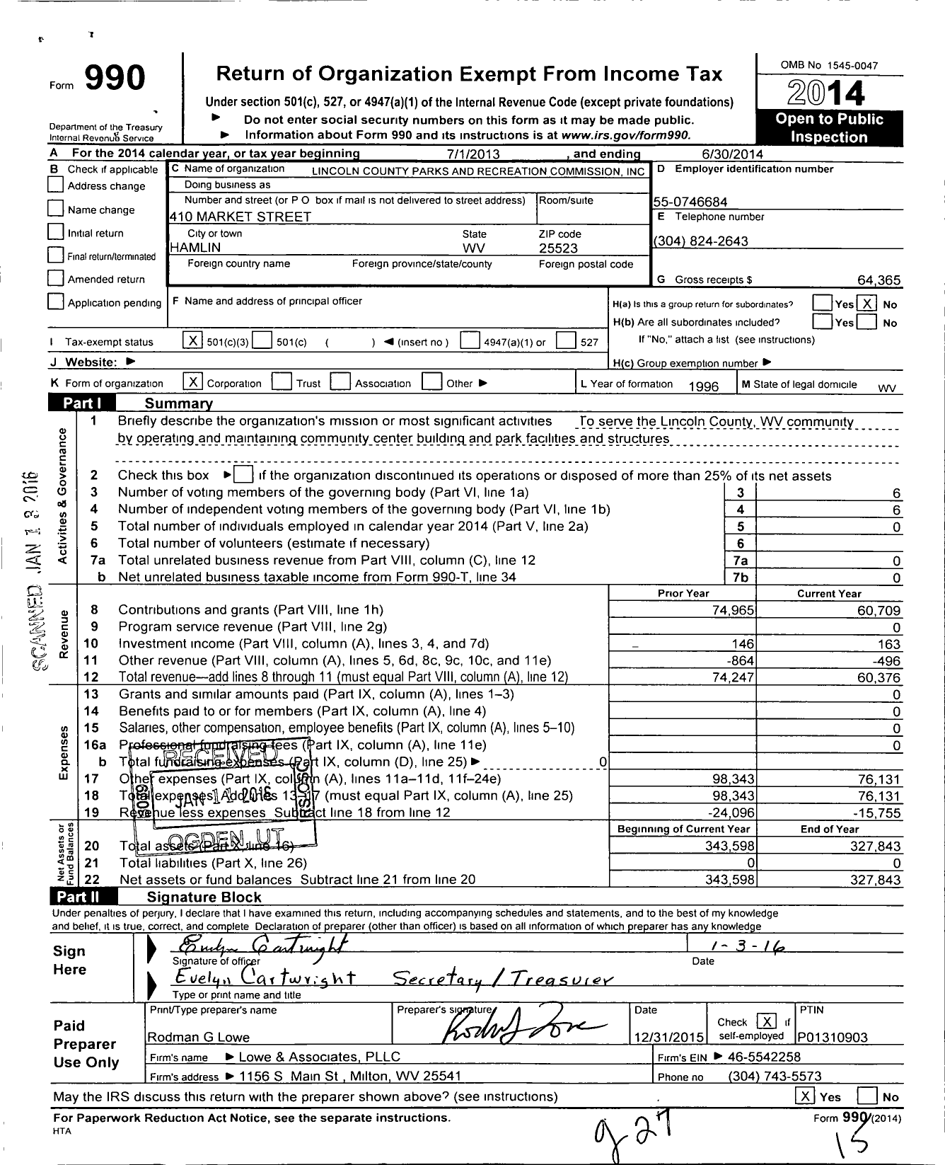 Image of first page of 2013 Form 990 for Lincoln County Parks and Recreation Commission